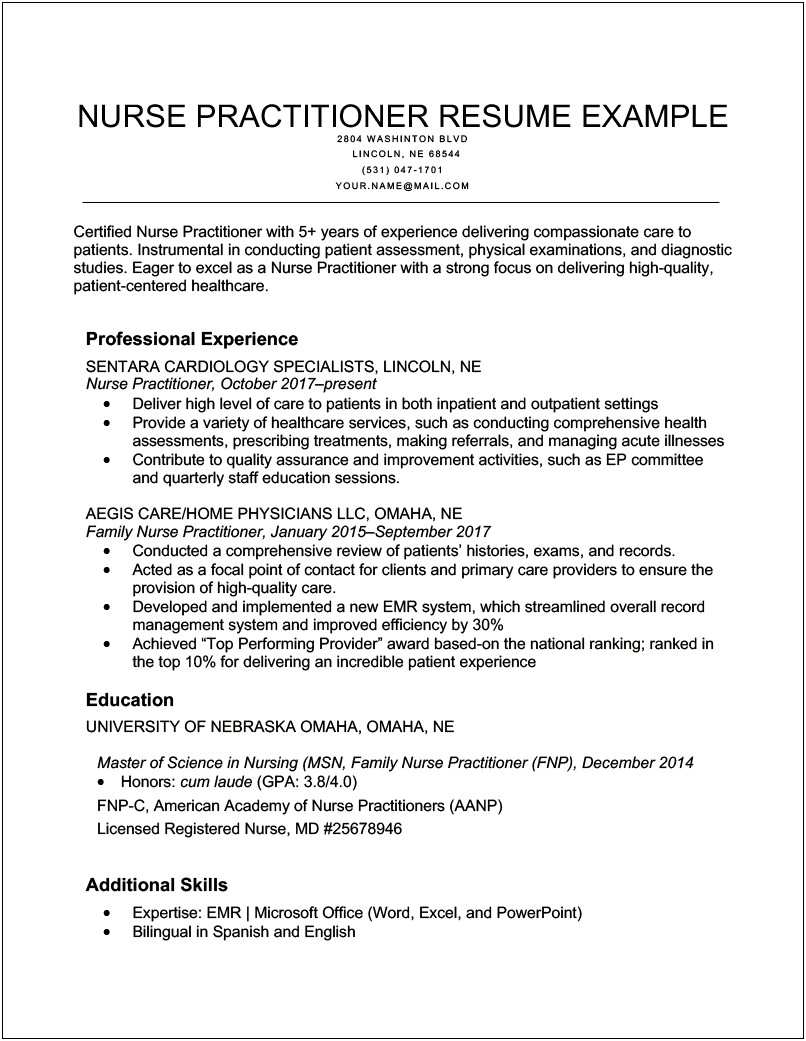 Examples Of Nurse Practitioner Resume With Intro