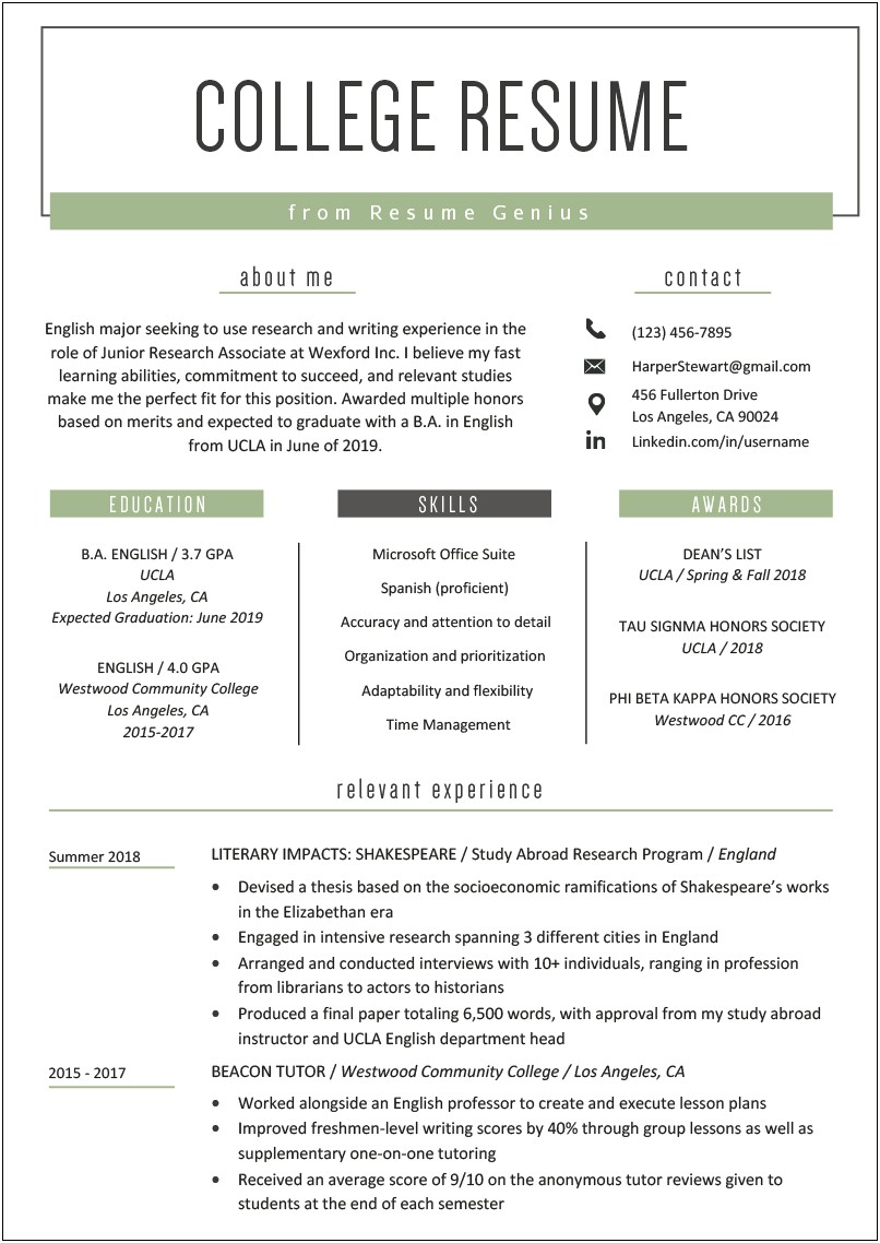 Examples Of Objective For College Resume