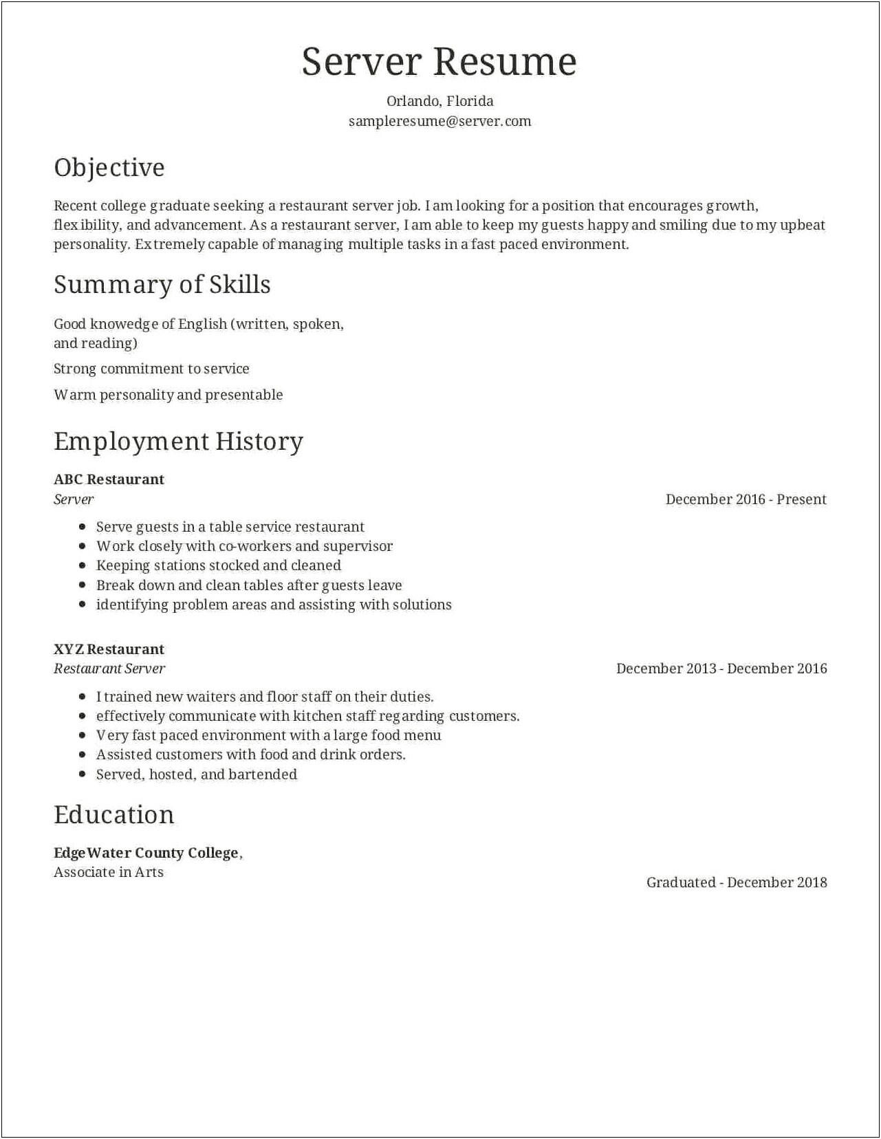 Examples Of Objectives For Food Service Resumes