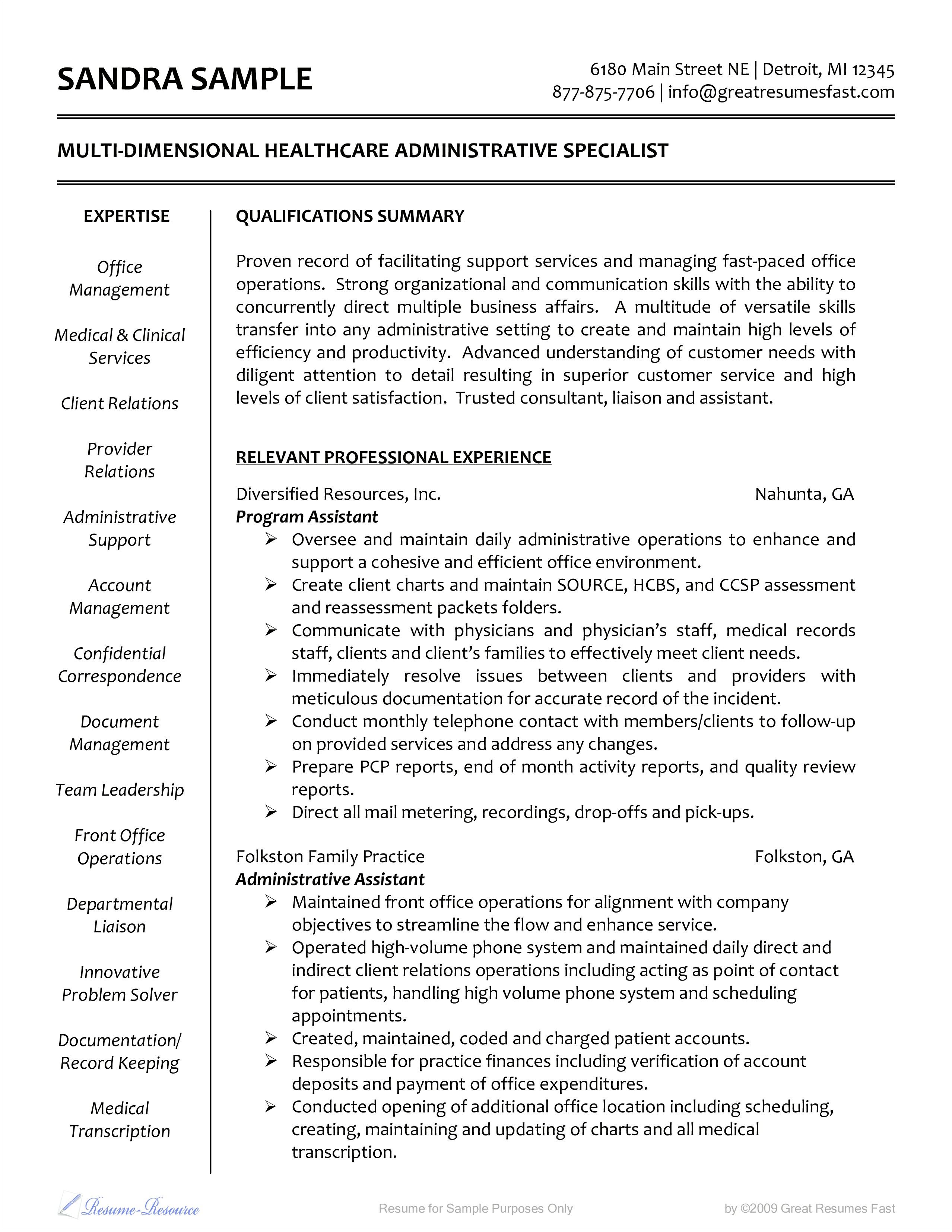 Examples Of Professional Resumes In Health Care Administration