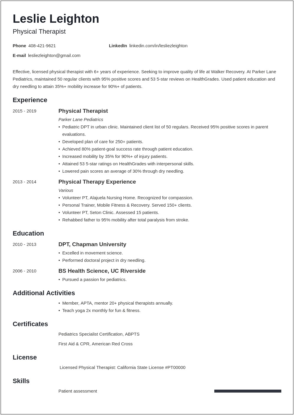 Examples Of Resume For Physical Therapist Assistant