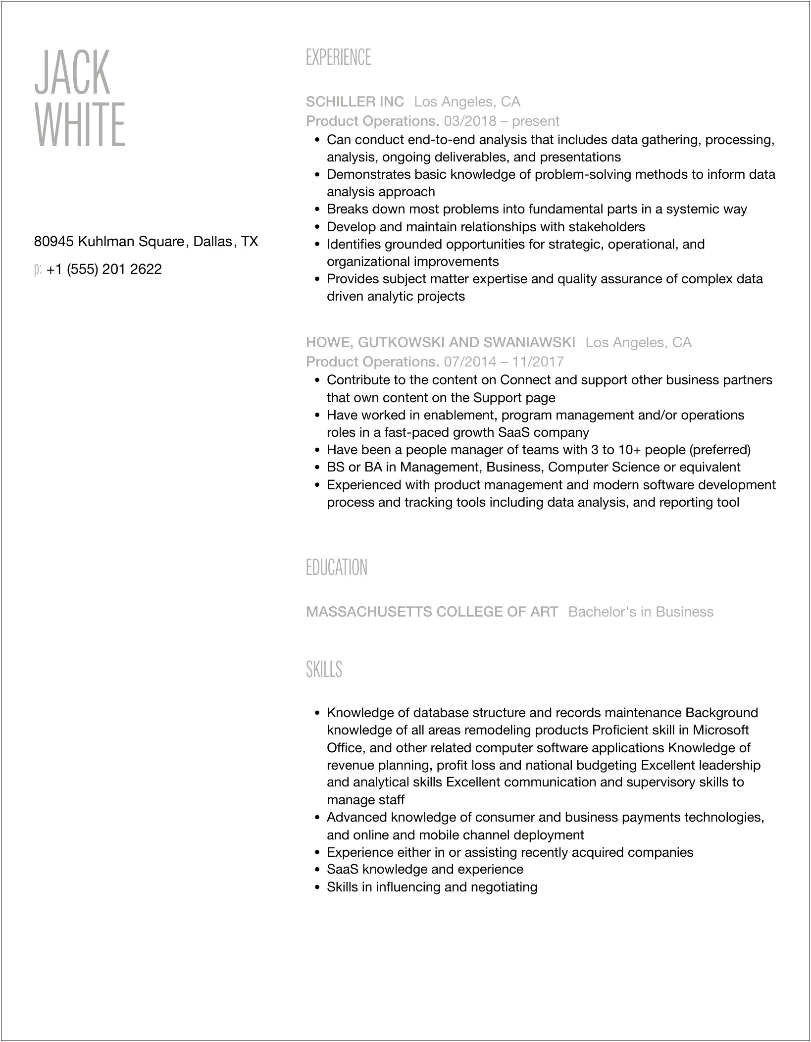 Examples Of Resume For Product Operations