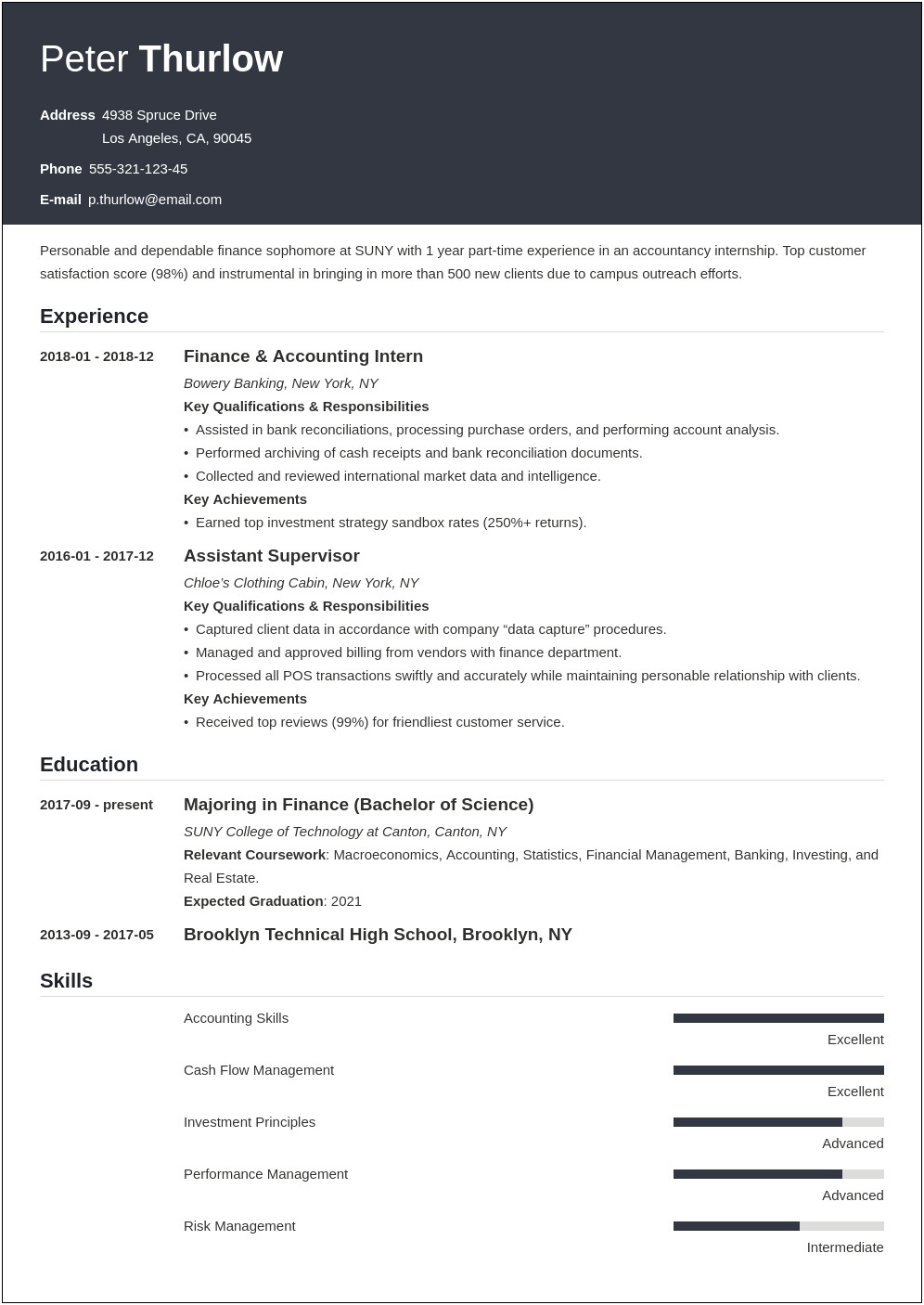 Examples Of Resume For Student Internship