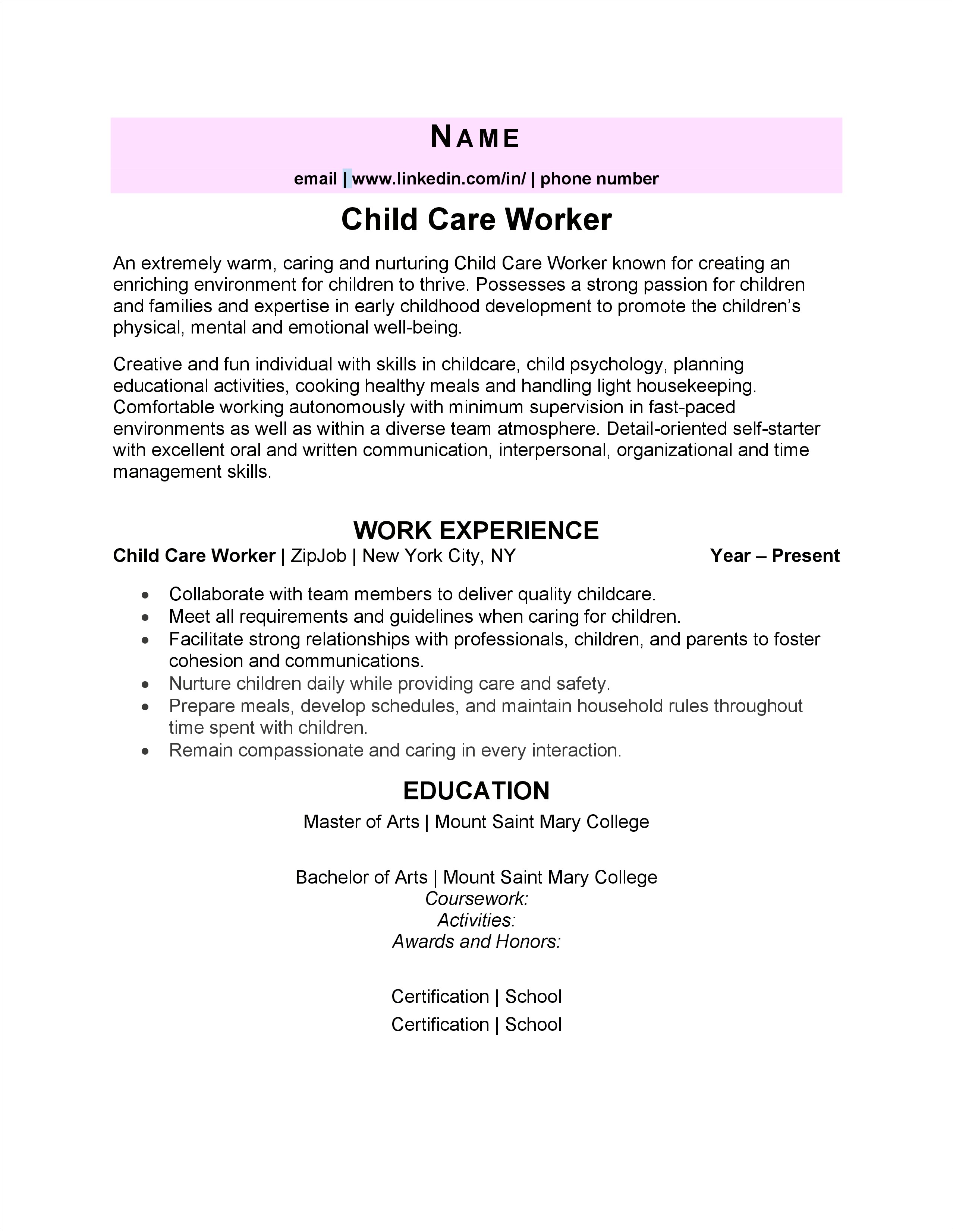 Examples Of Resume Skills For Child Care