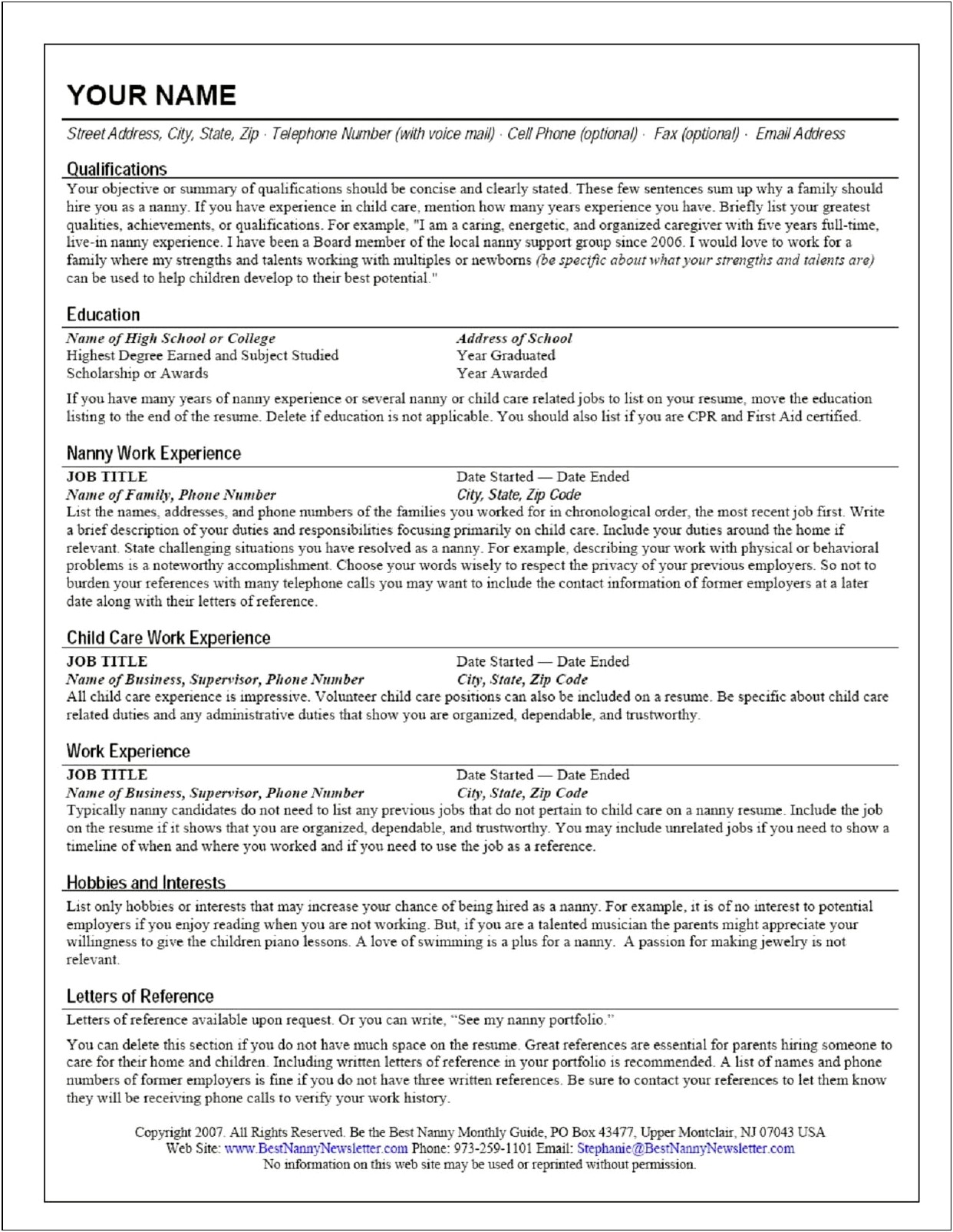 Examples Of Resumes For A Nanny Job