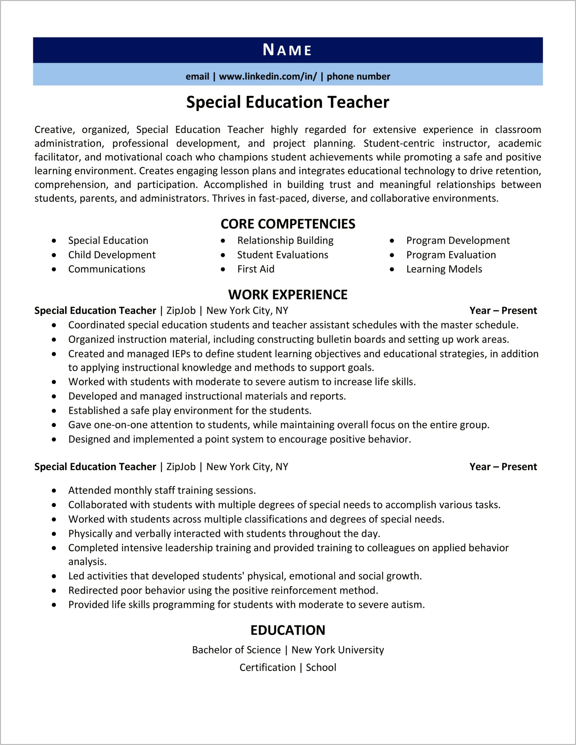 Examples Of Resumes For A Special Education Teacher