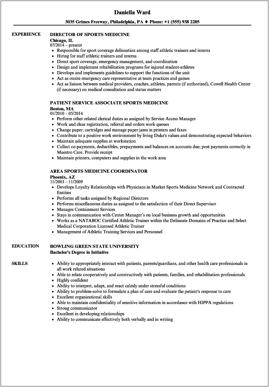 Examples Of Resumes For Athletic Trainers