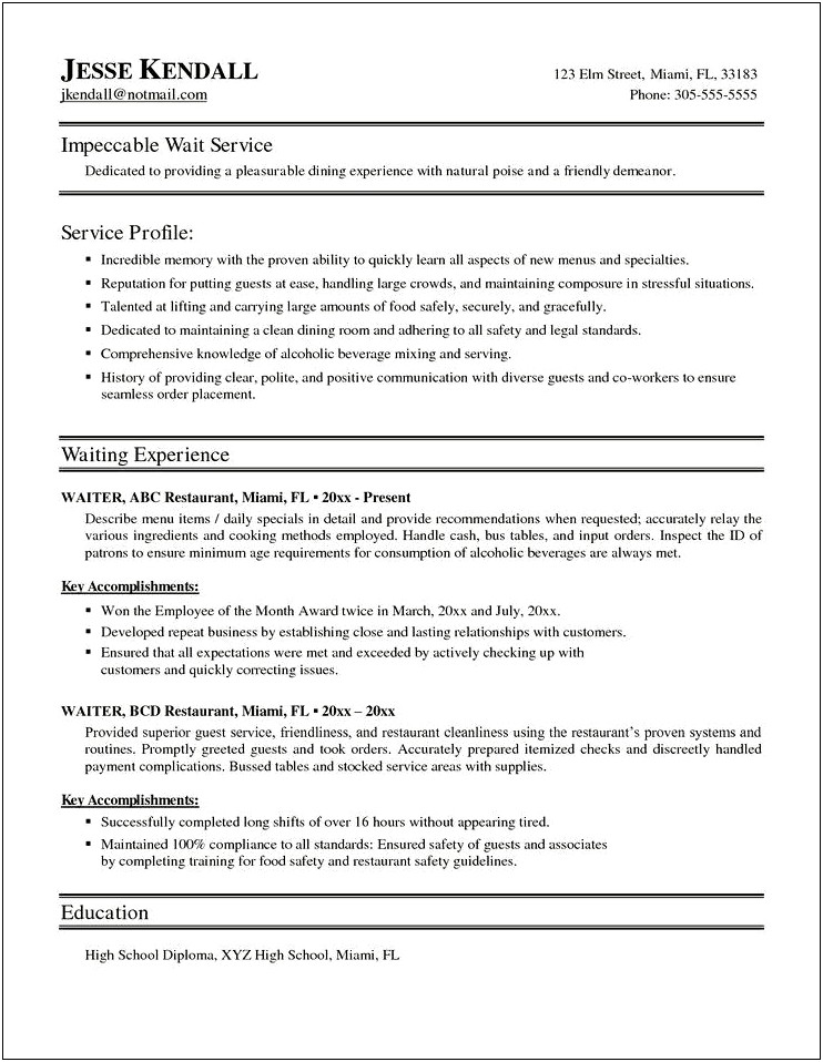 Examples Of Resumes For Bartenders And Head Waits