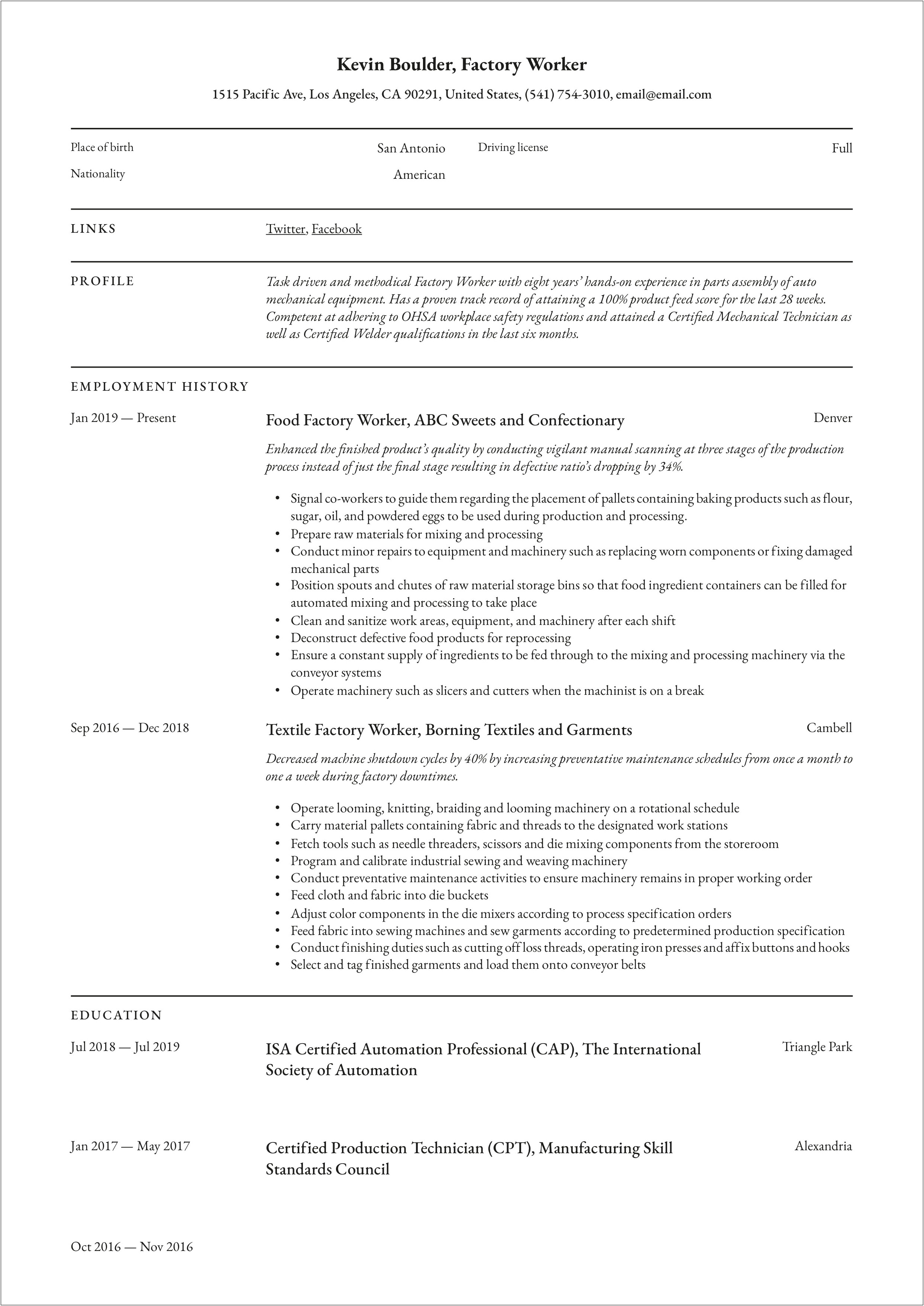 Examples Of Resumes For Manufacturing Jobs