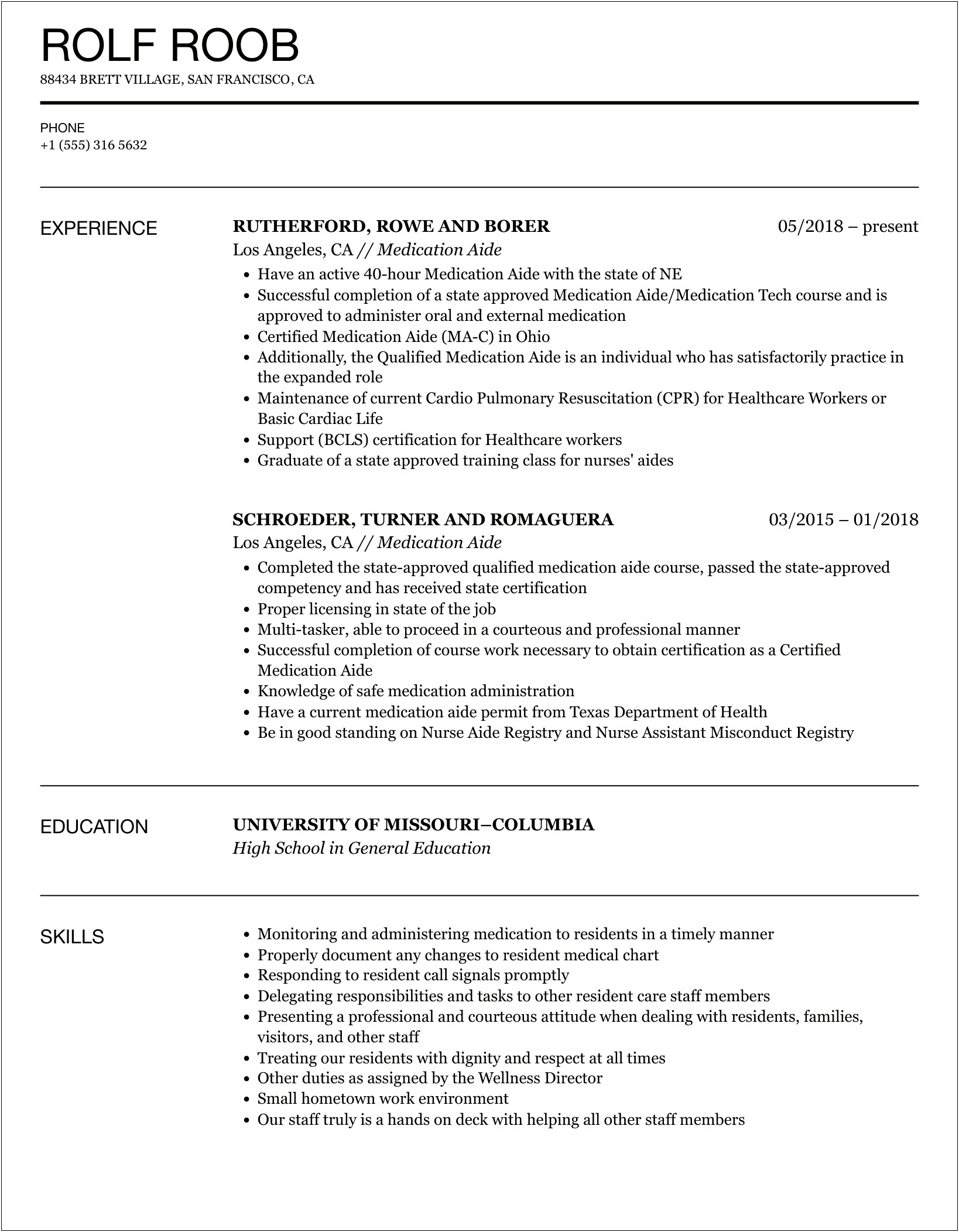 Examples Of Resumes For Medication Aide