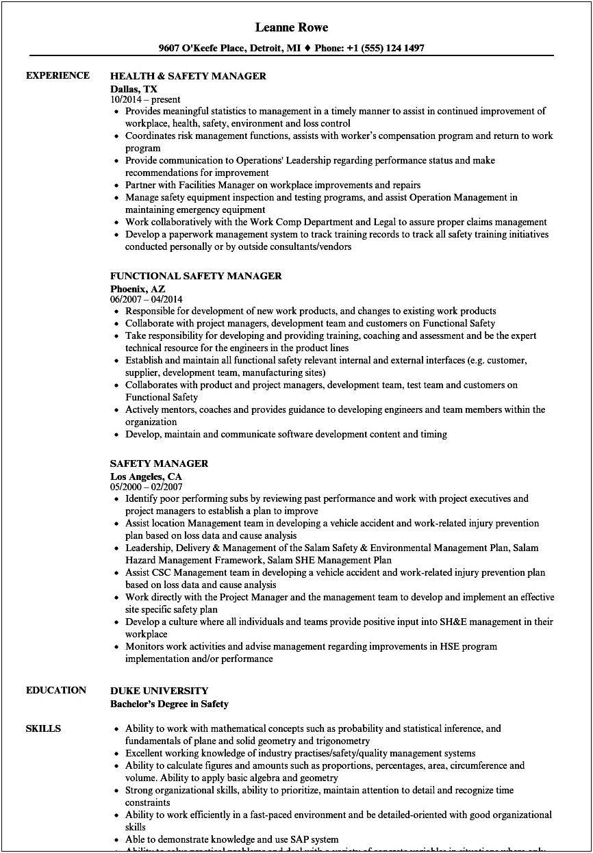 Examples Of Resumes For Safety Professionals