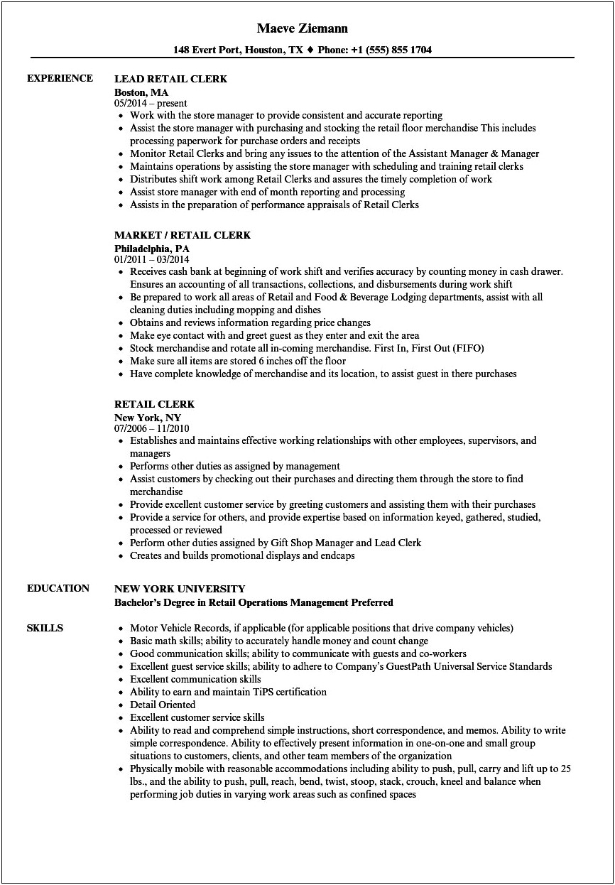 Examples Of Retail Skills For Resume