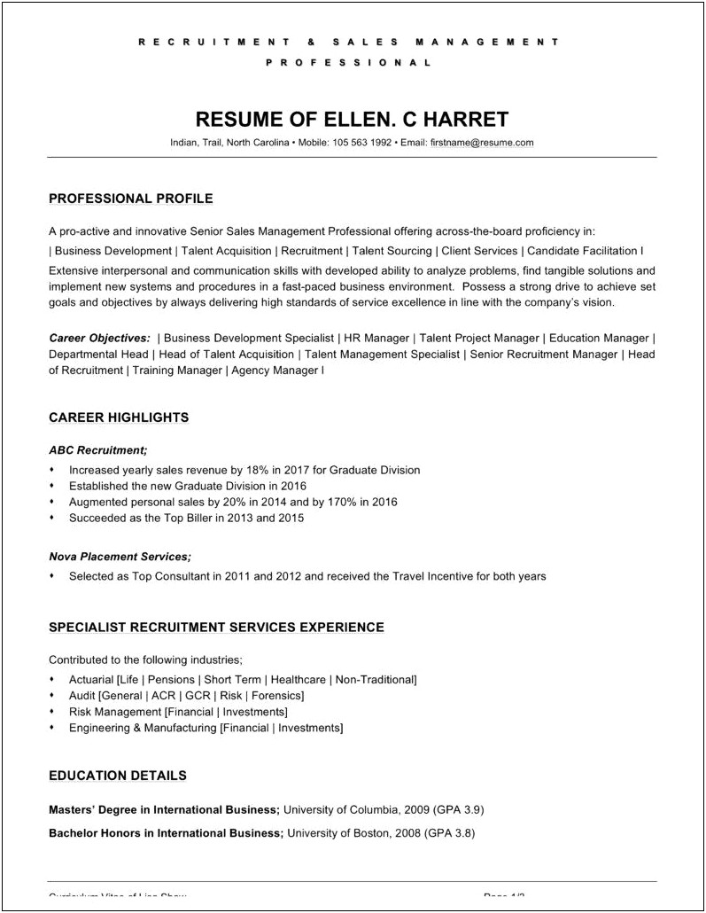 Examples Of Sales Objectives On Resume