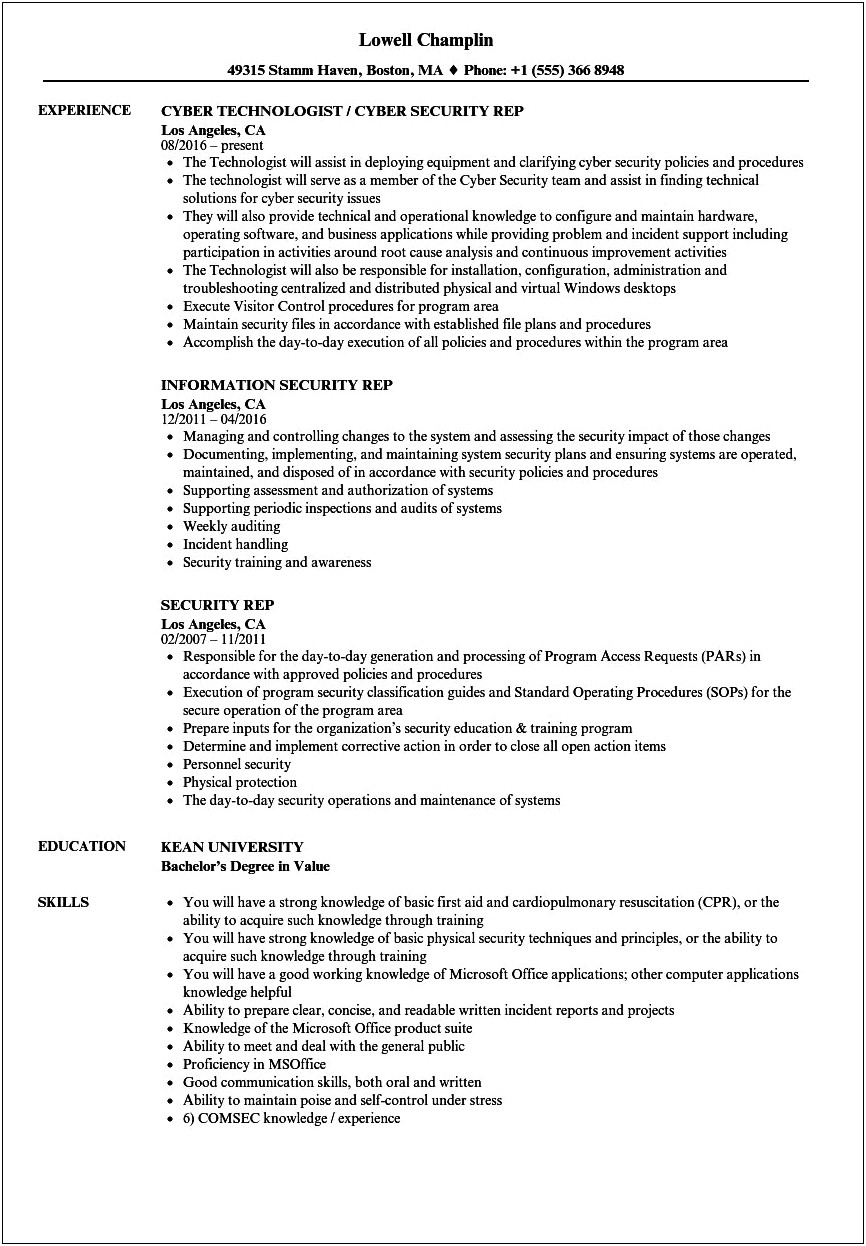 Examples Of Security Clearance On Resume