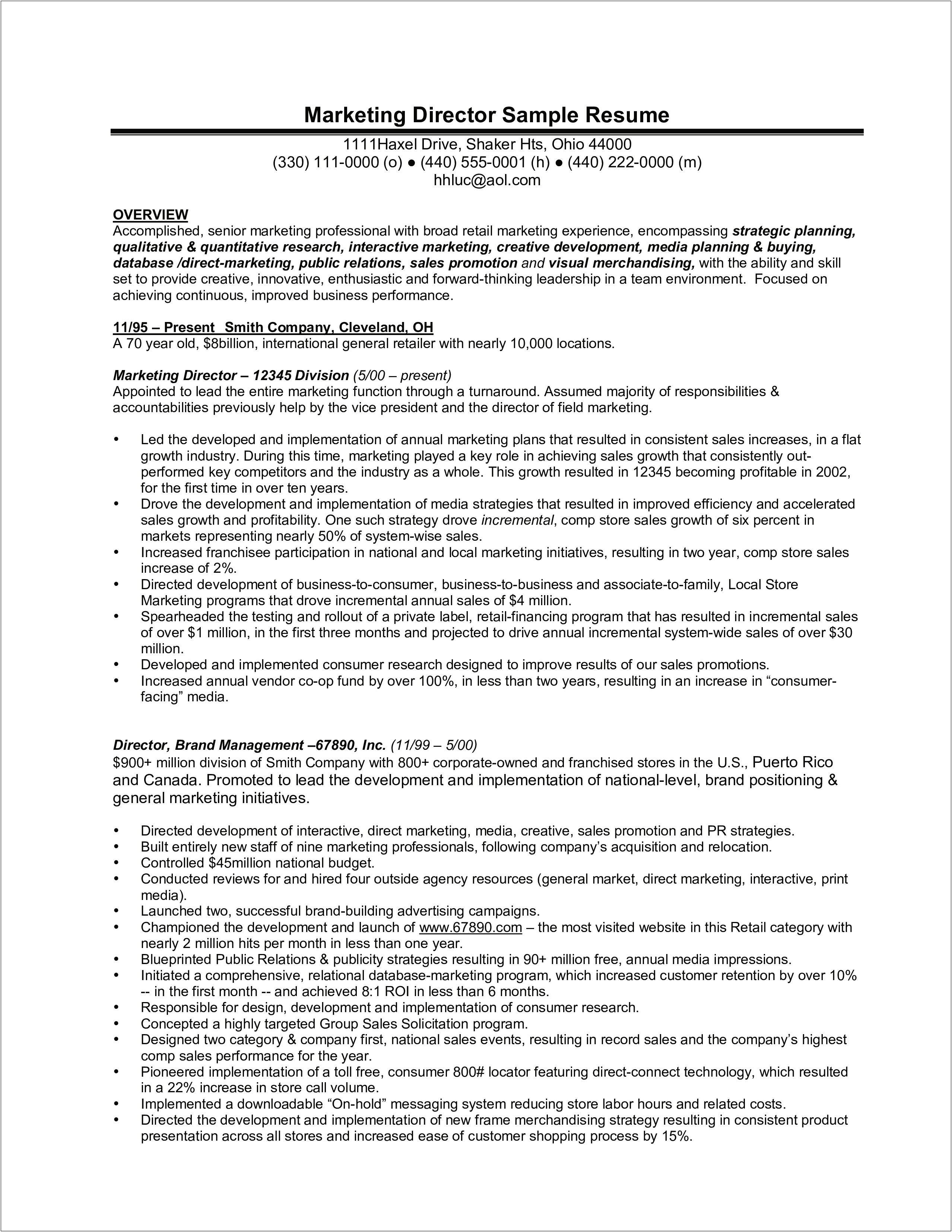 Examples Of Senior Vice President Of Marketing Resume