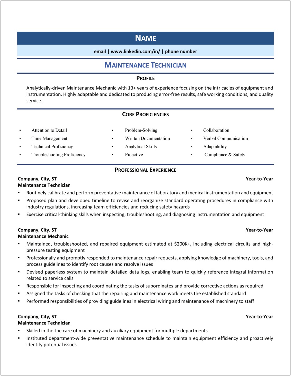 Examples Of Sumary For Maintenance On A Resume