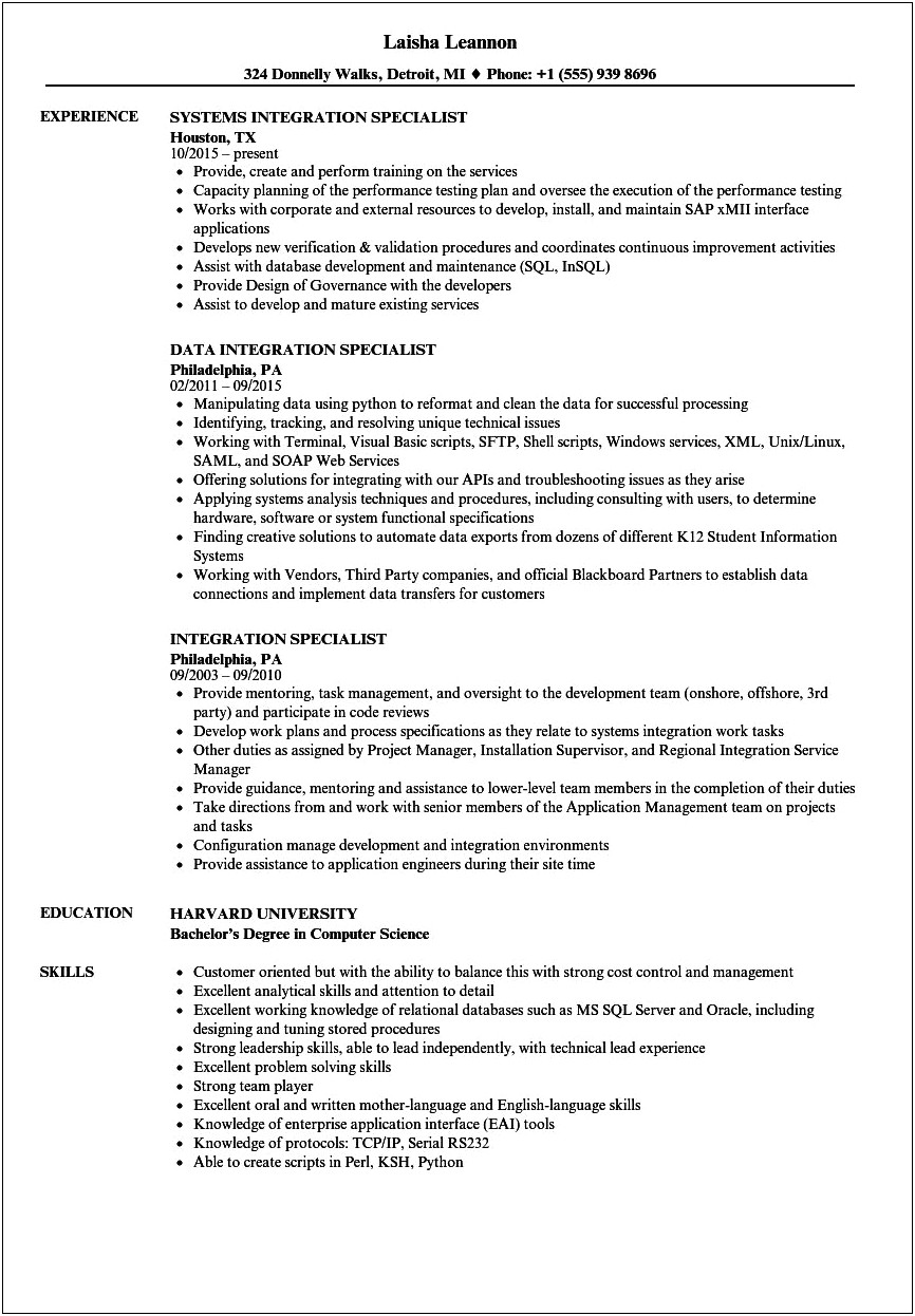 Examples Of Sytems Integration Responsibilities In A Resume