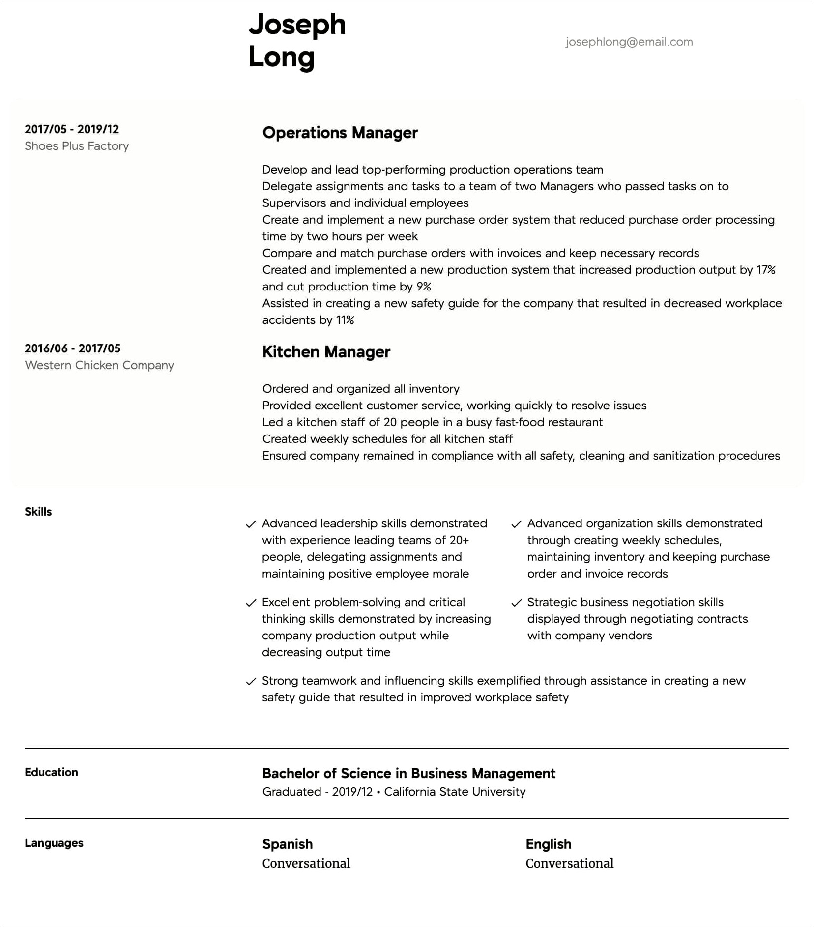 Examples On General Operation Management Resume