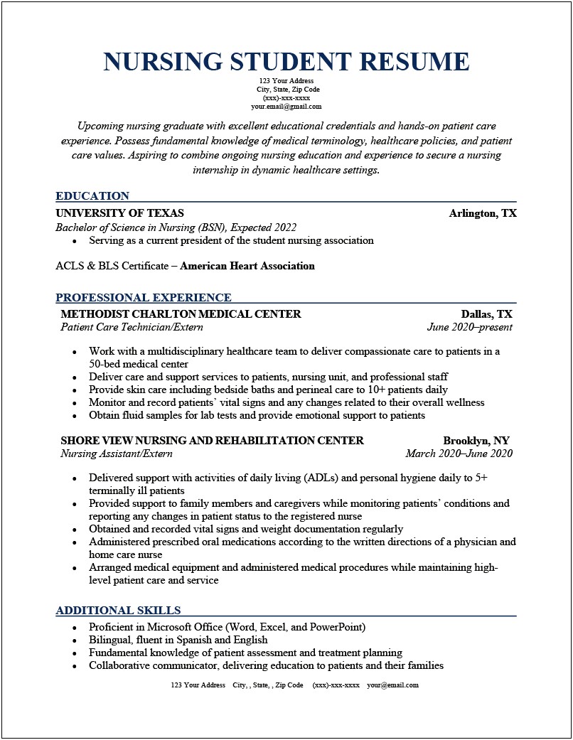 Examplesprofessional Summary For Nursing Student Resume