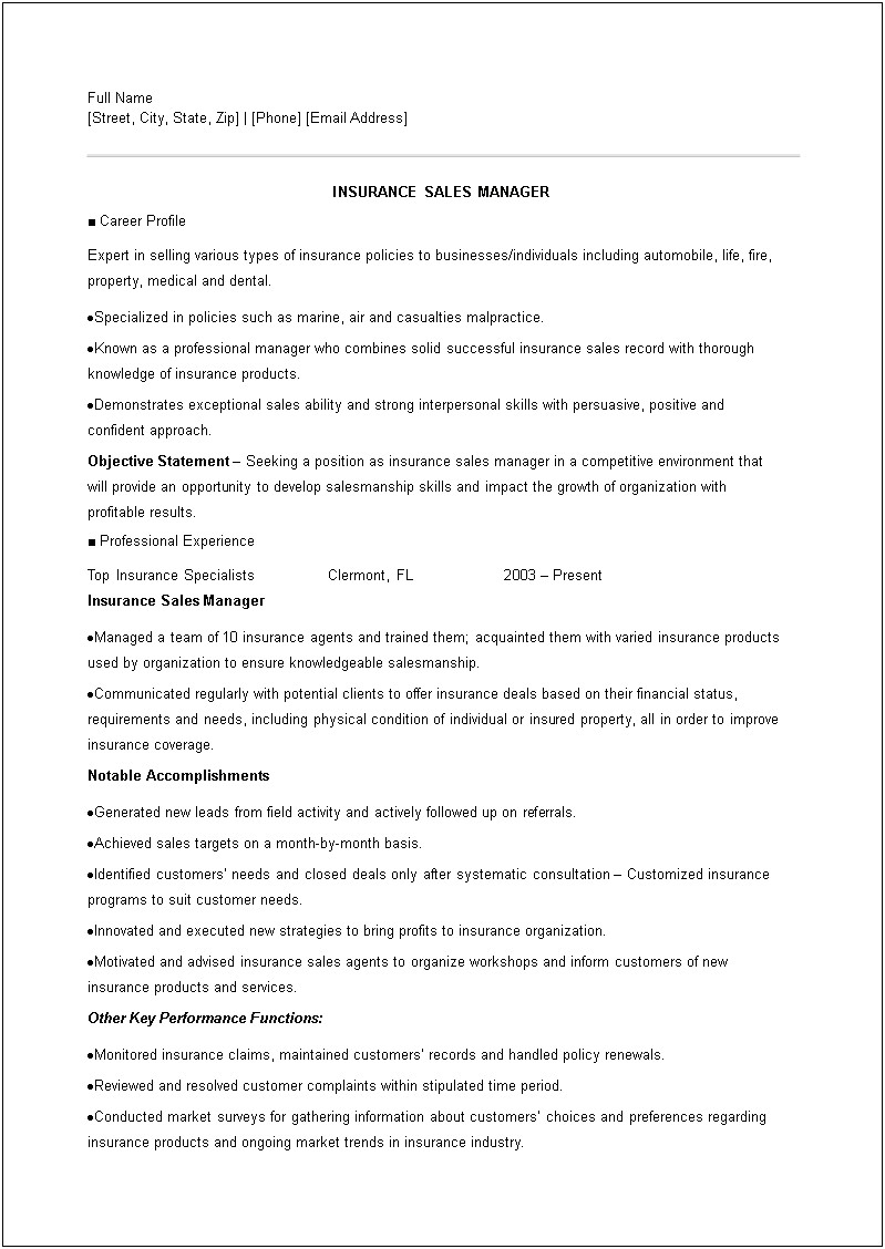 Exaple Of Good Resume For Selling Life Insurance