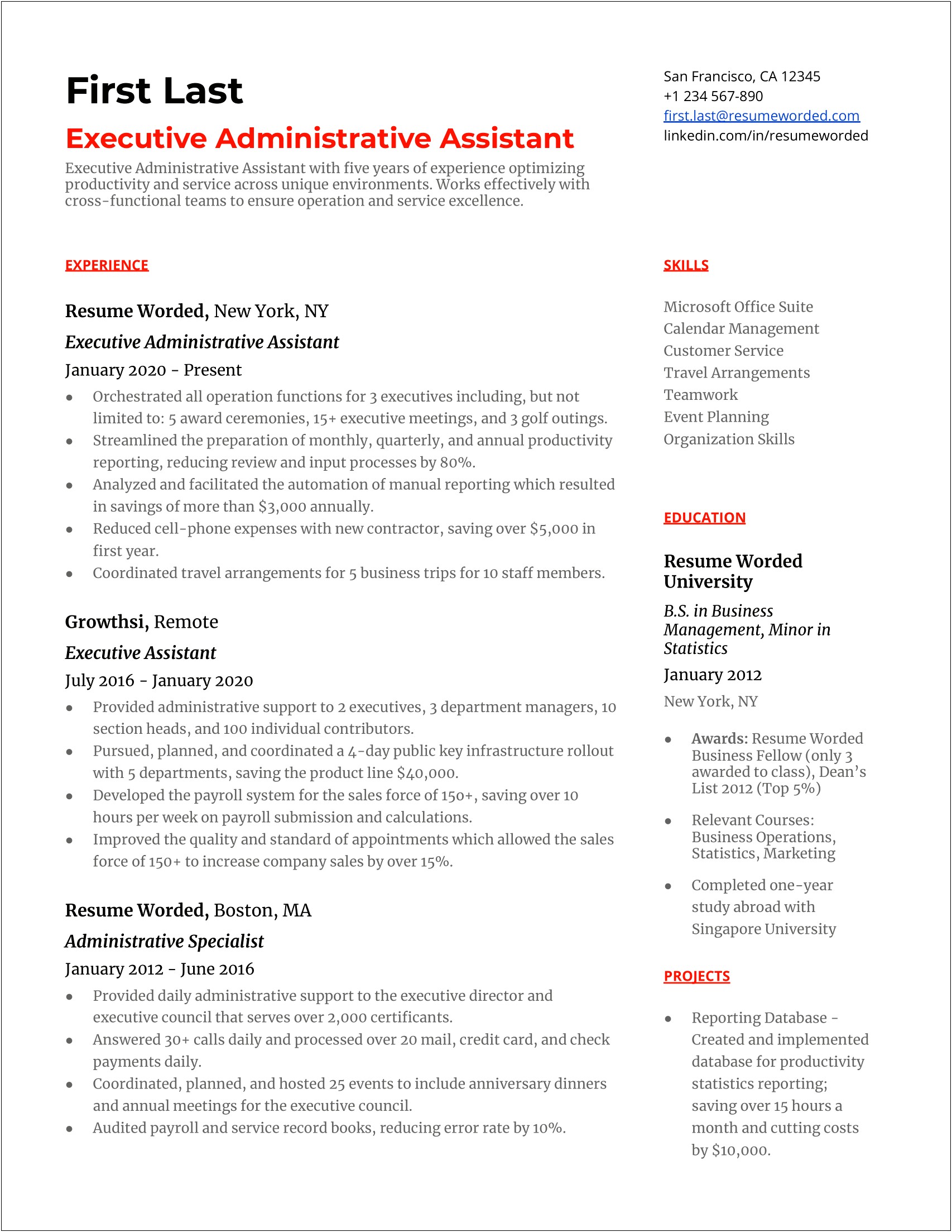 Executive Administrative Relevant Skills On Resume