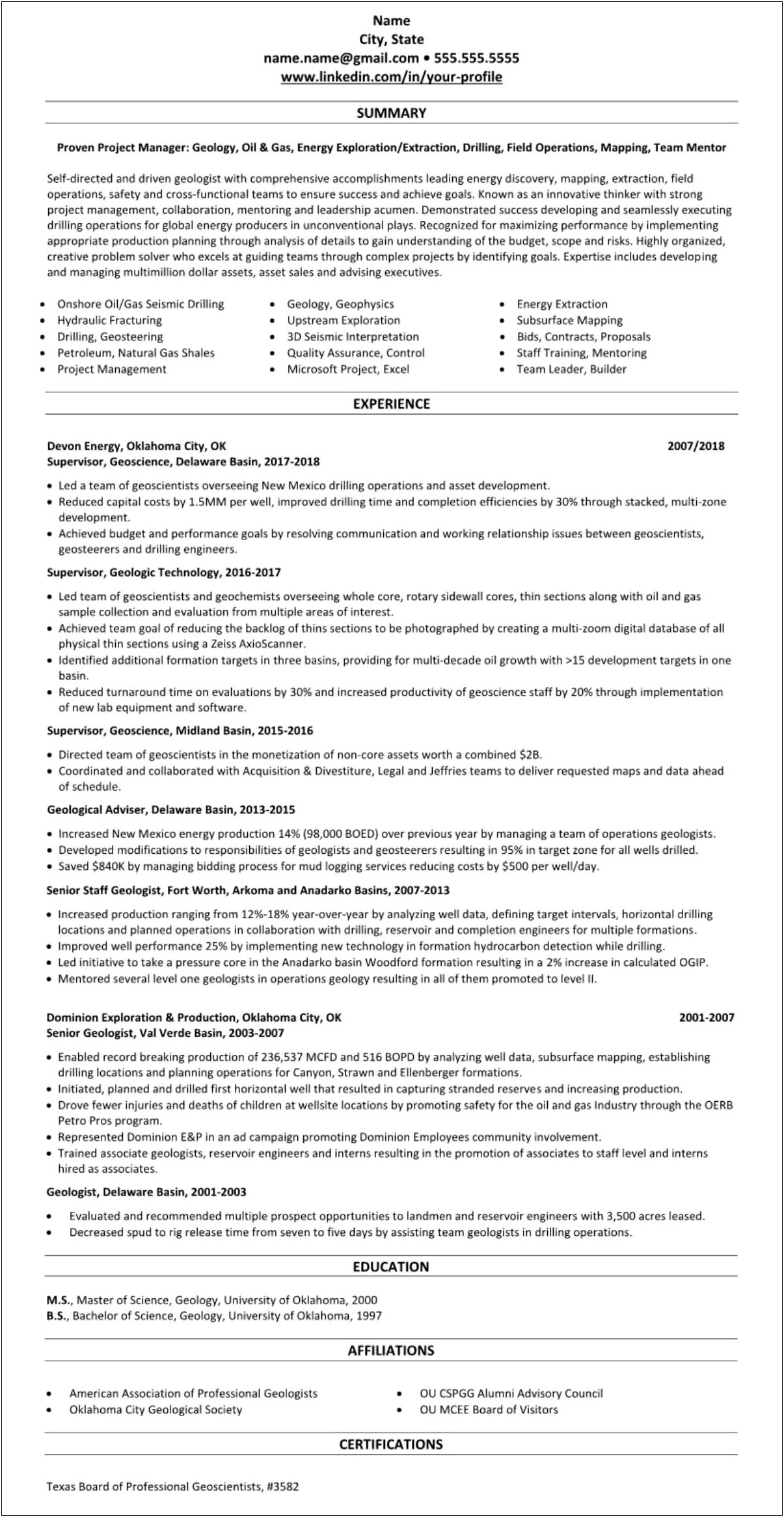 Executive Resume Samples Oil And Gas Industry