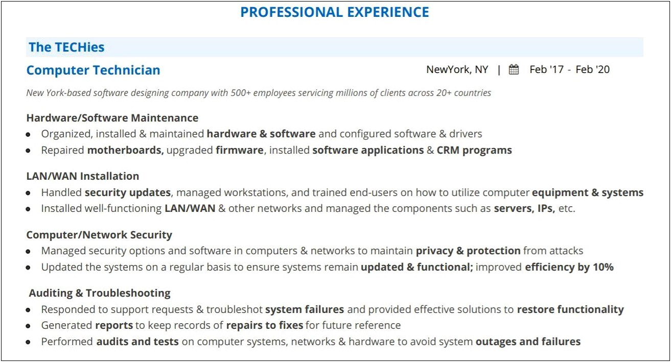 Experience Performing Computer Operating System Maintenance Resume