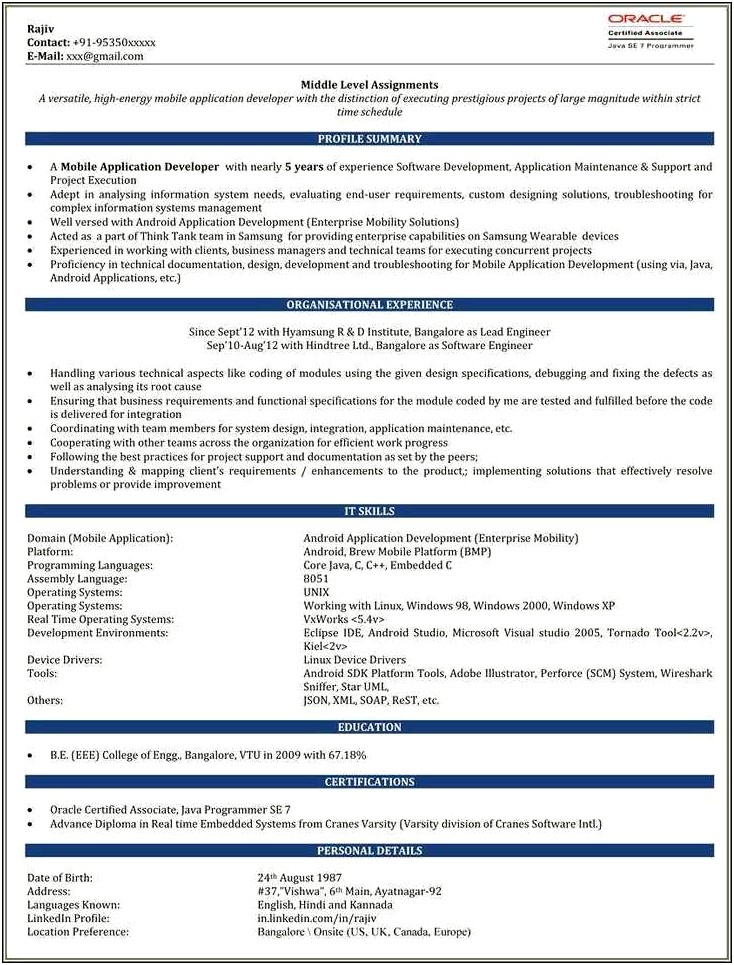 Experience Resume Format For Android Developer