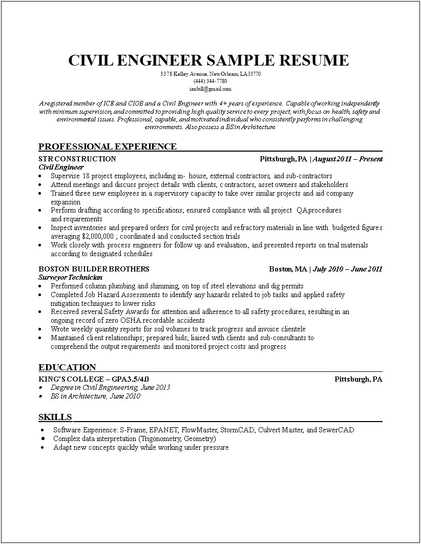 Experience Resume Format For Quantity Surveyor