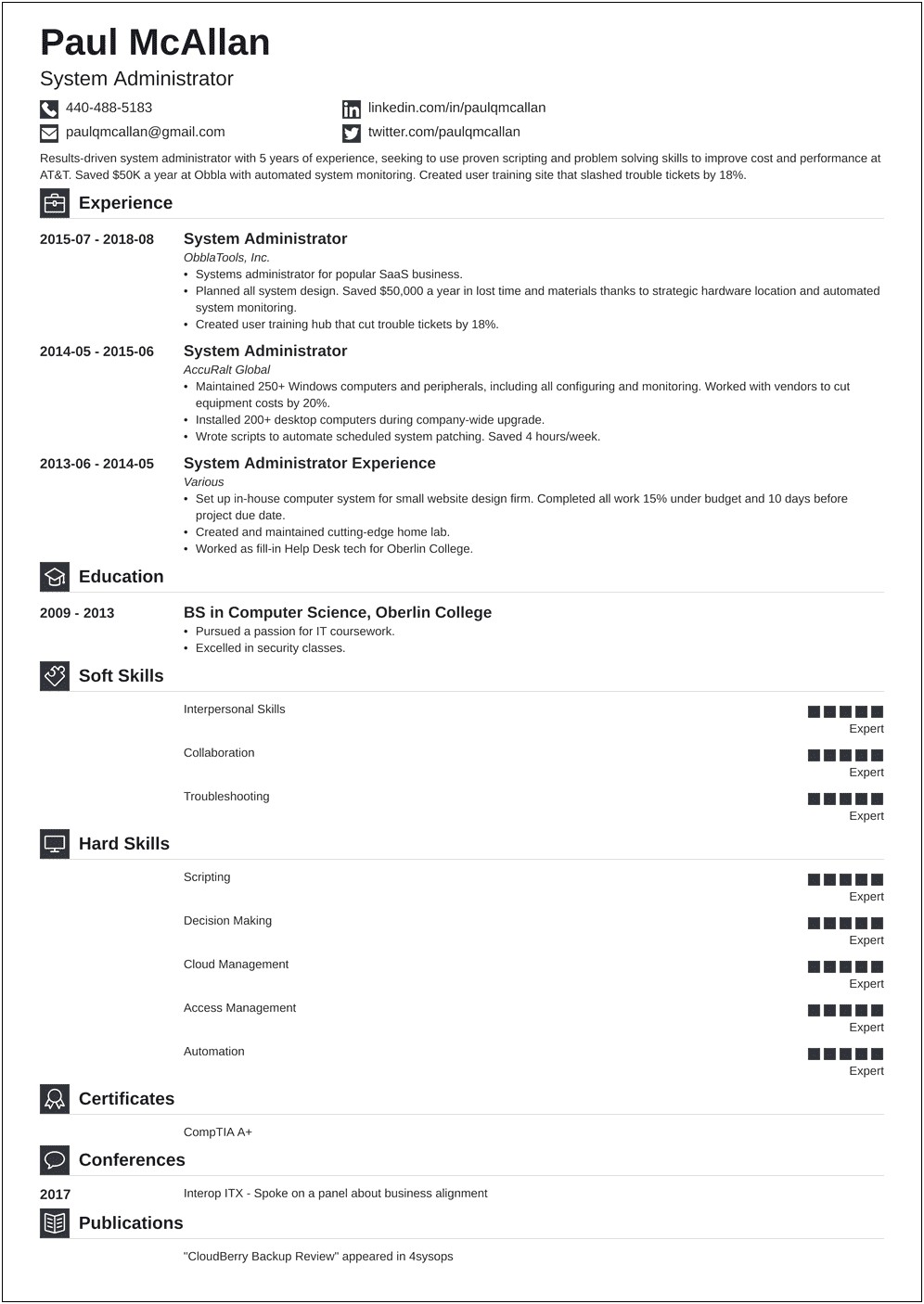 Experience Summary In Resume For System Administrator