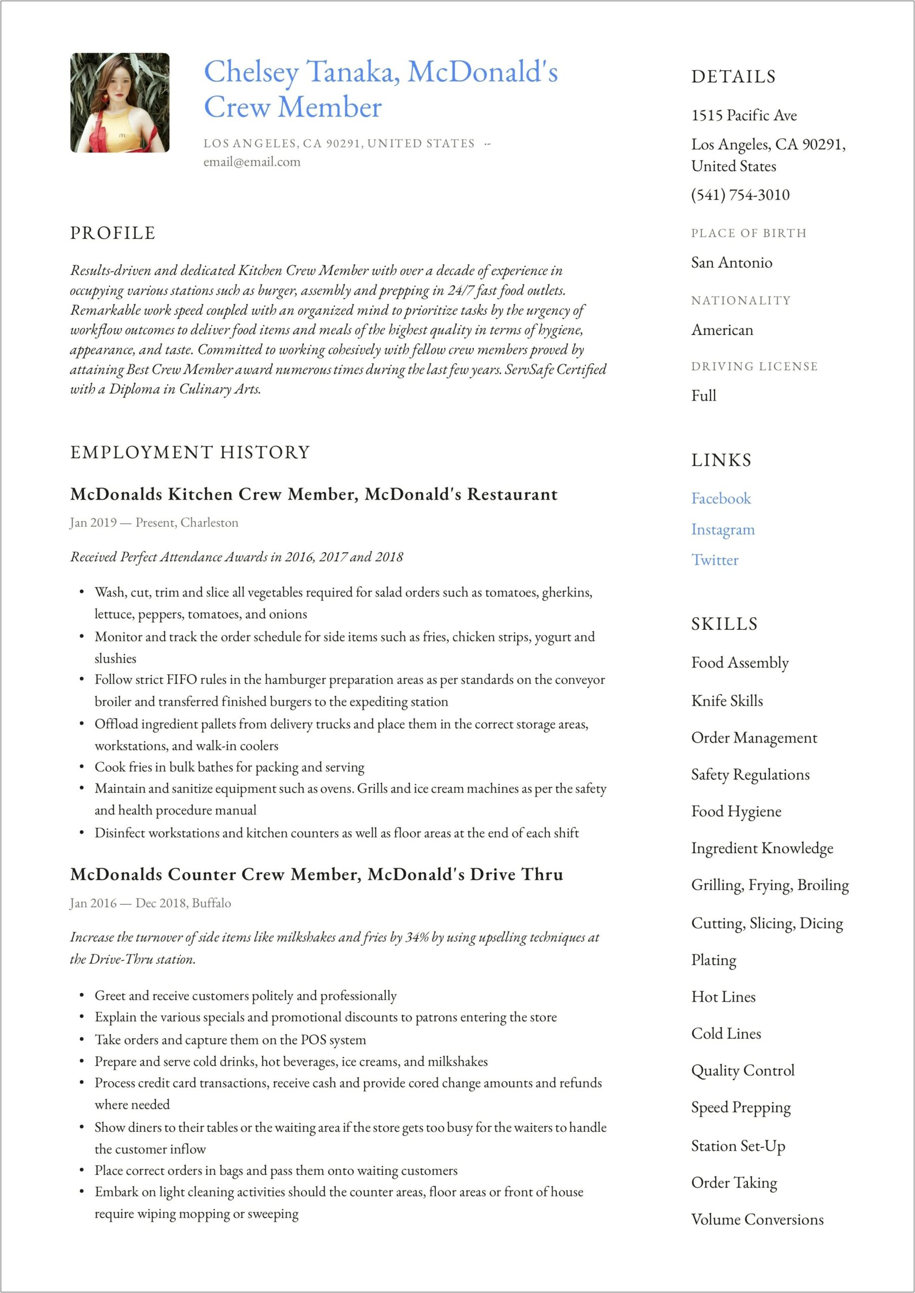 Experience With Food Mcdonald's Resume