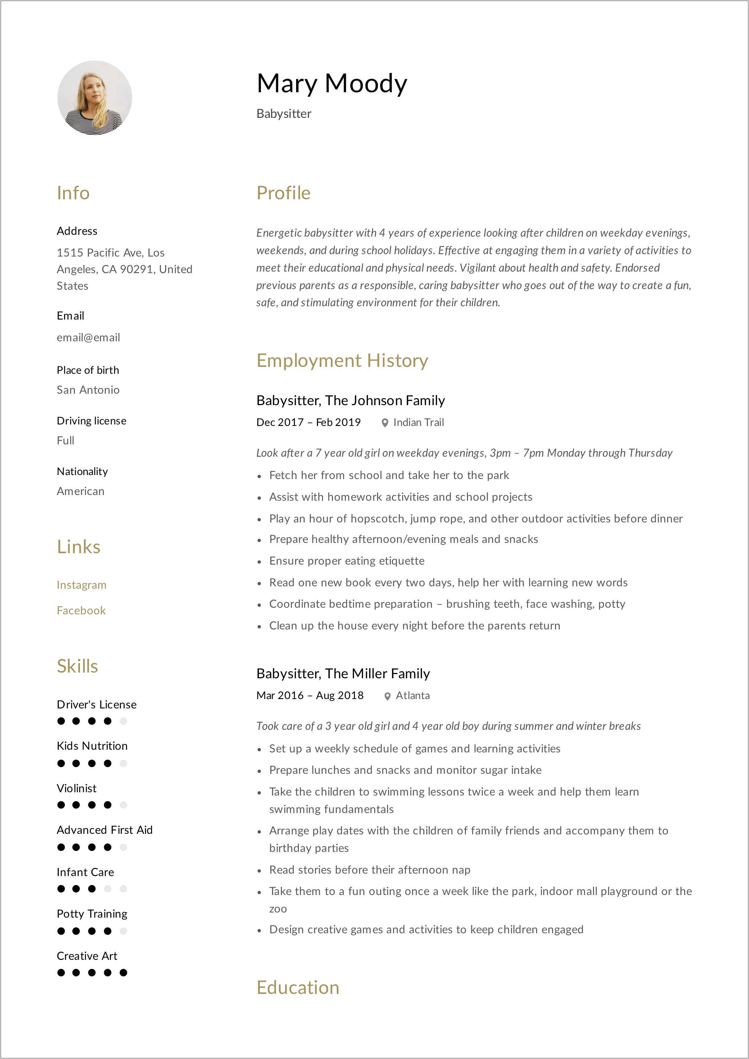 Experience Working With Children Babysitting On Resume