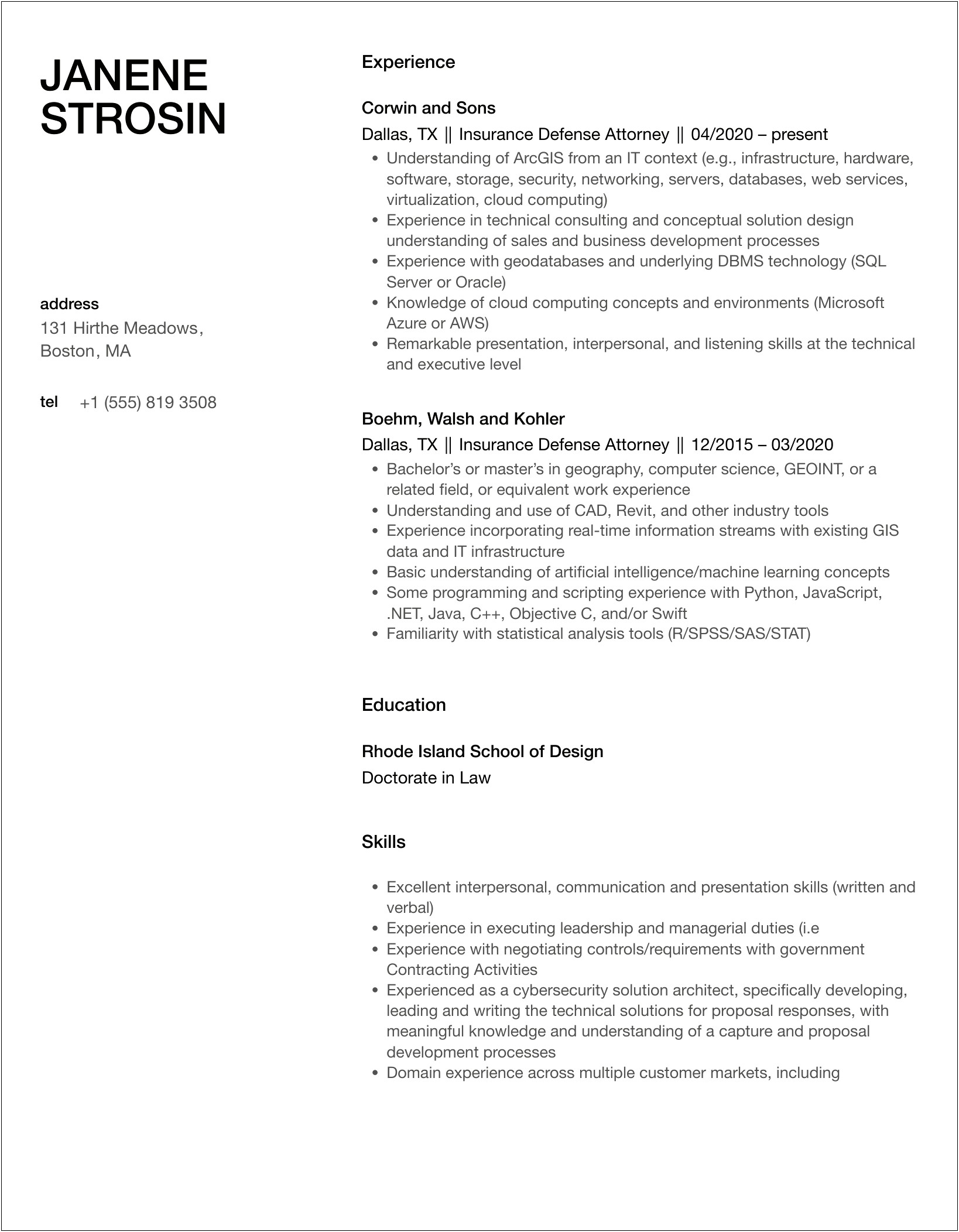 Experienced Attorney Resume Samples Insurnce Defense