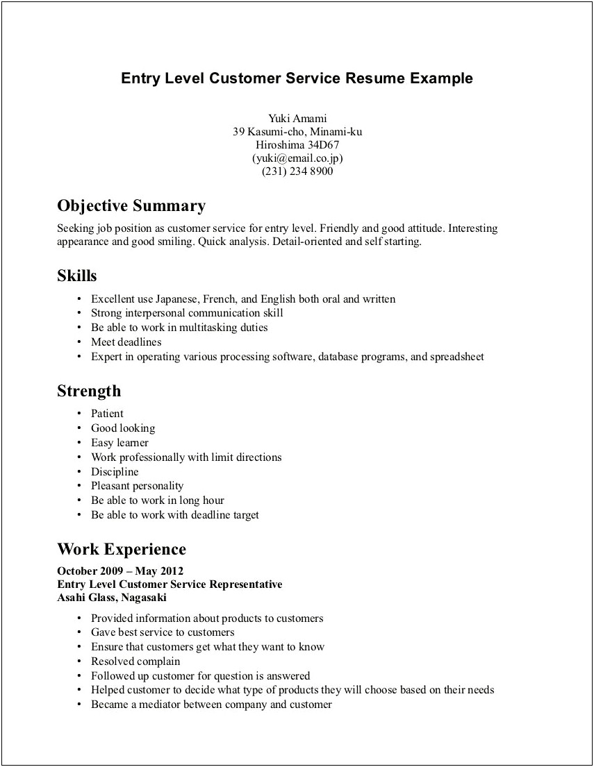 Experienced Customer Service Summary For Resume