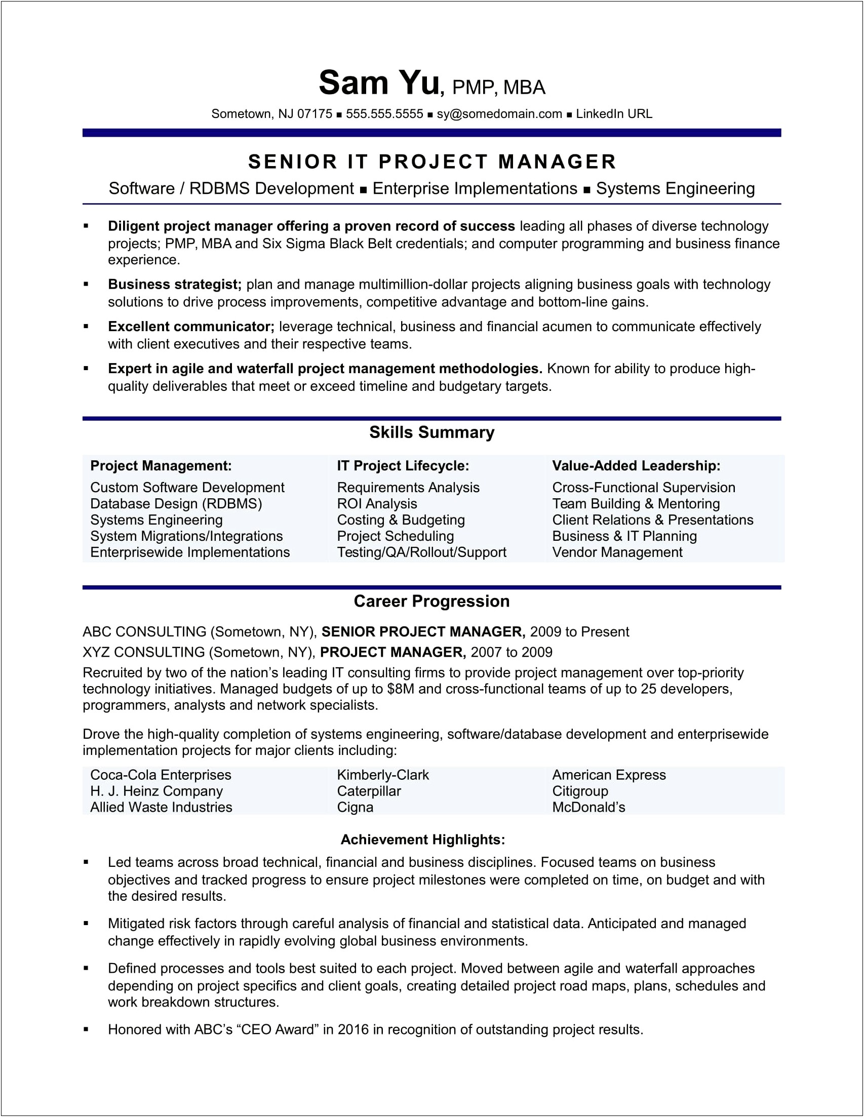 Experienced It Project Management Resume Objective