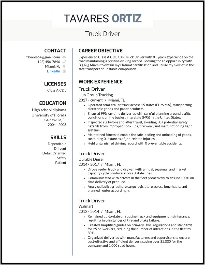 Experiences For Delivery Driver In Florida Resume