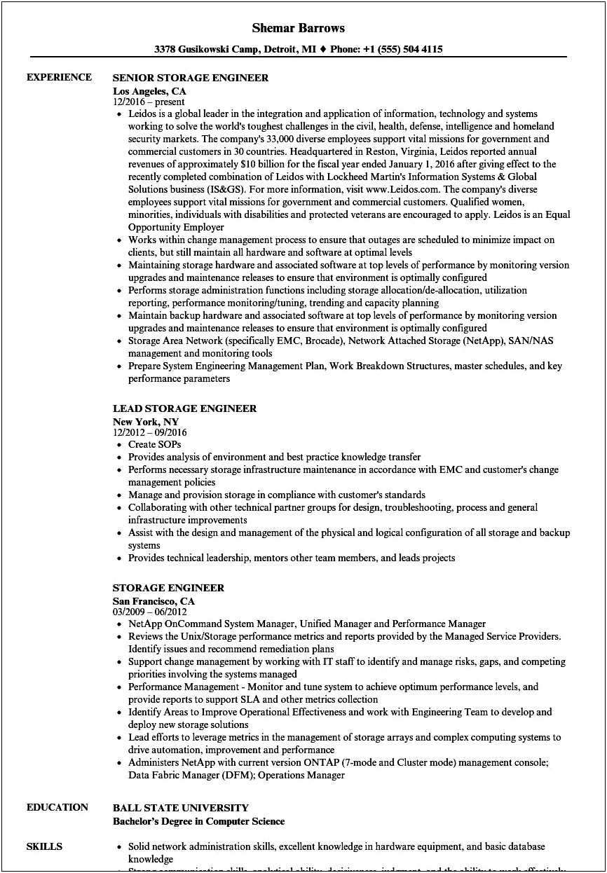 Extra Space Storage Work Experience Resume Example