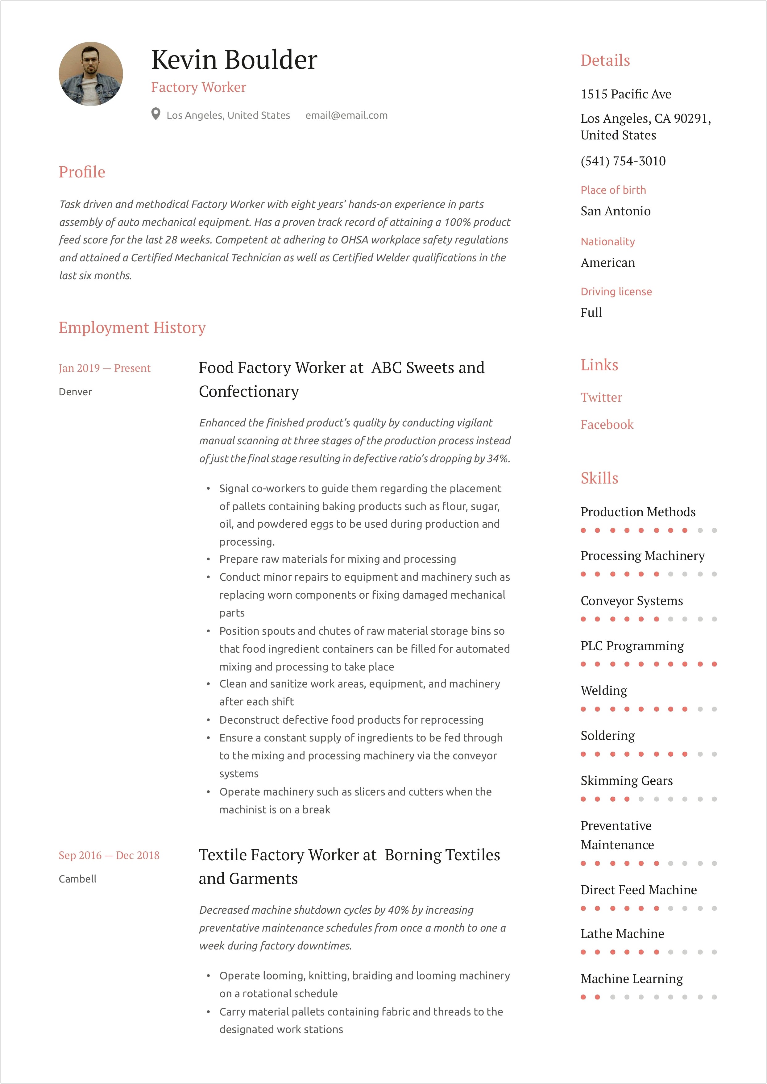 Factory Worker Hard Skills For Resume