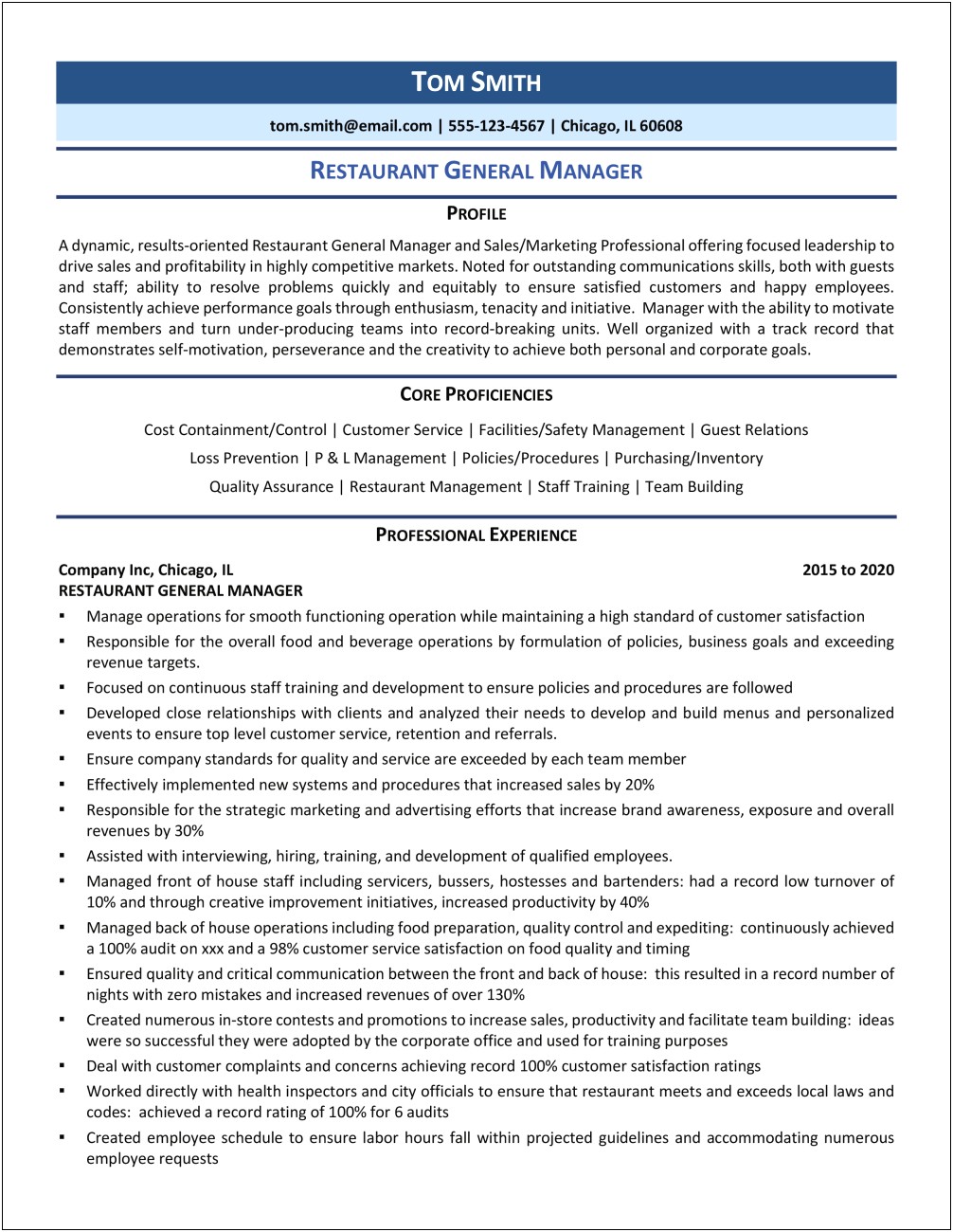 Fast Food General Manager Resume Sample