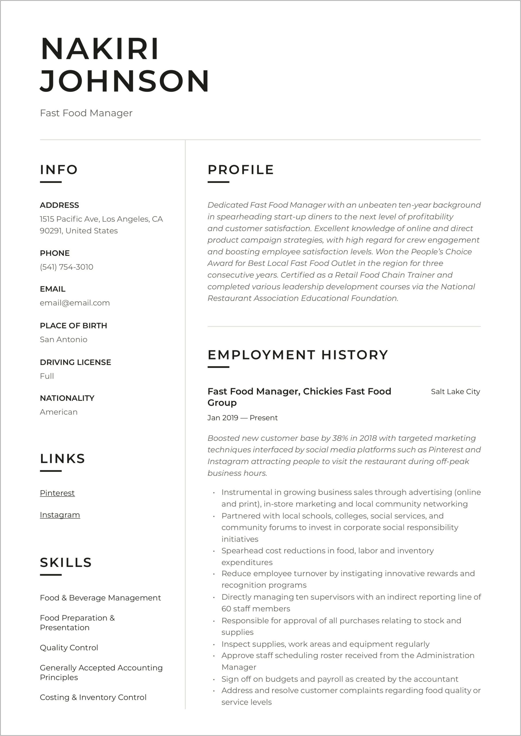 Fast Food Job Title For Resume