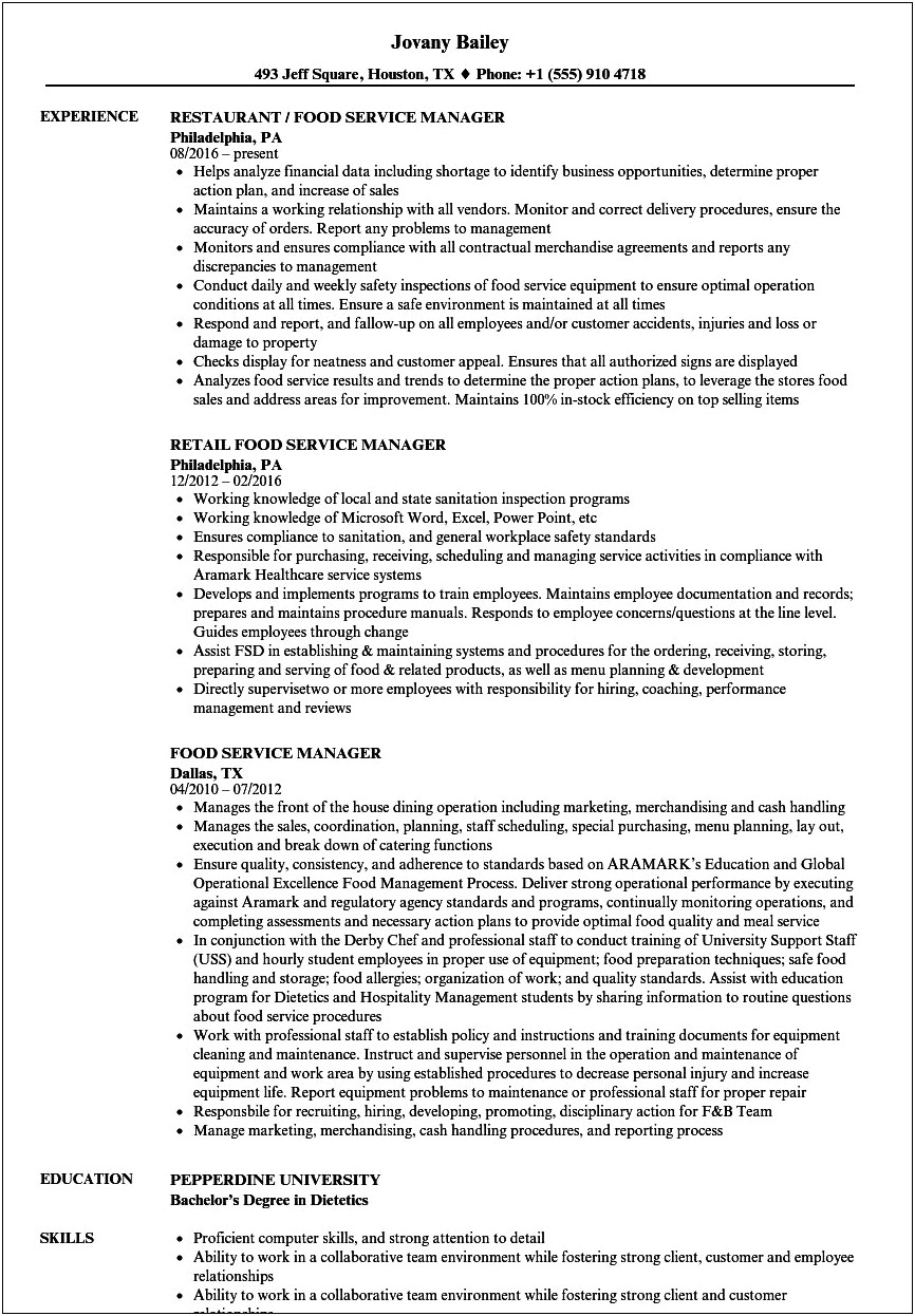 Fast Food Supervisor Job Description For Resume