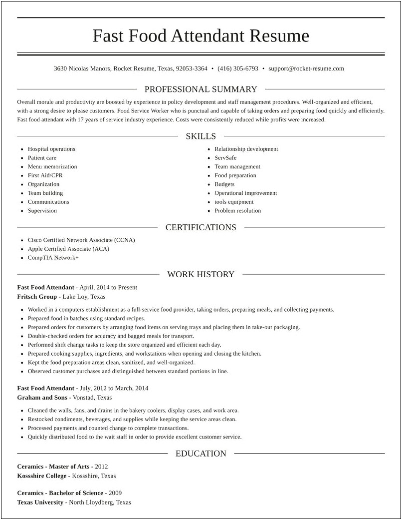 Fast Food Work Description For Resume