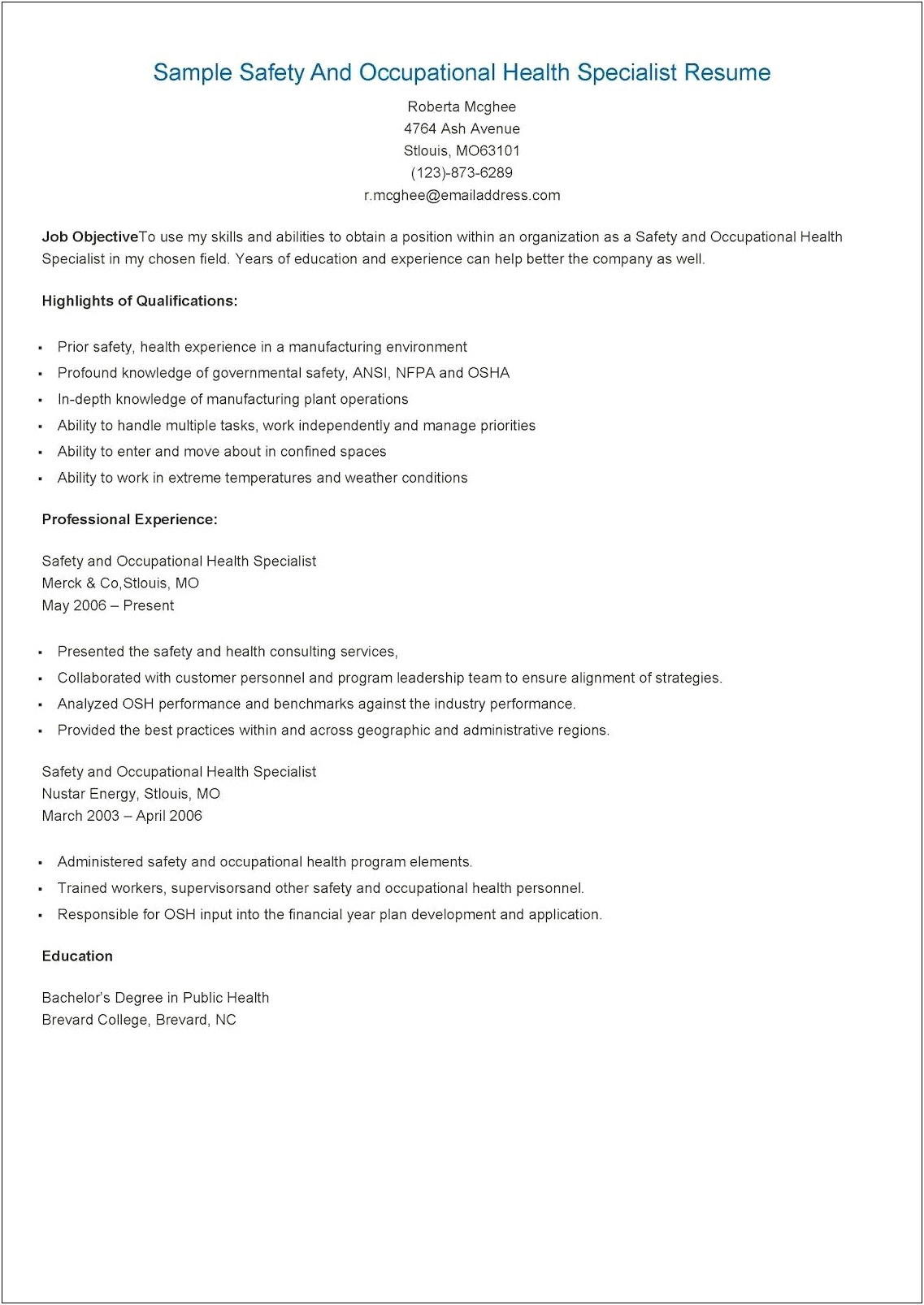 Federal Job Resume For Occupational Health Technician