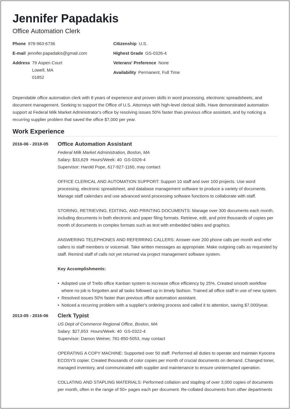 Federal Resume With Embassy Guard Experience