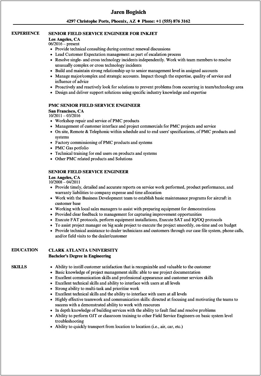 Field Service Engineer Trainee Resume Sample