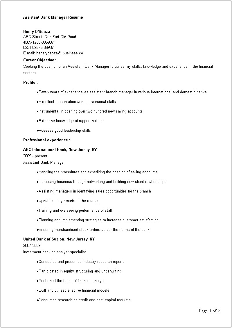 Finance Supervisor Job Description For Resume