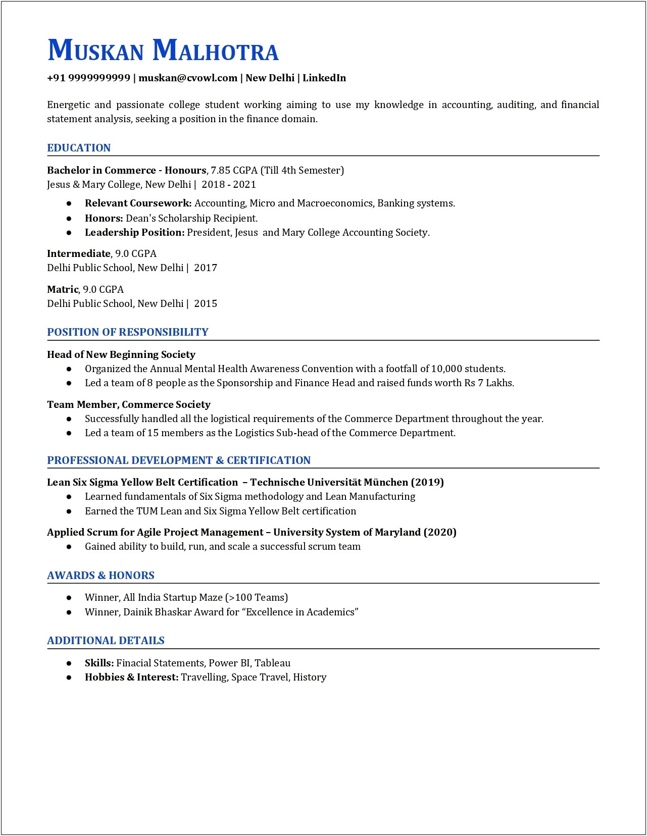 Financial Analyst Internships Undergraduate Resume Sample