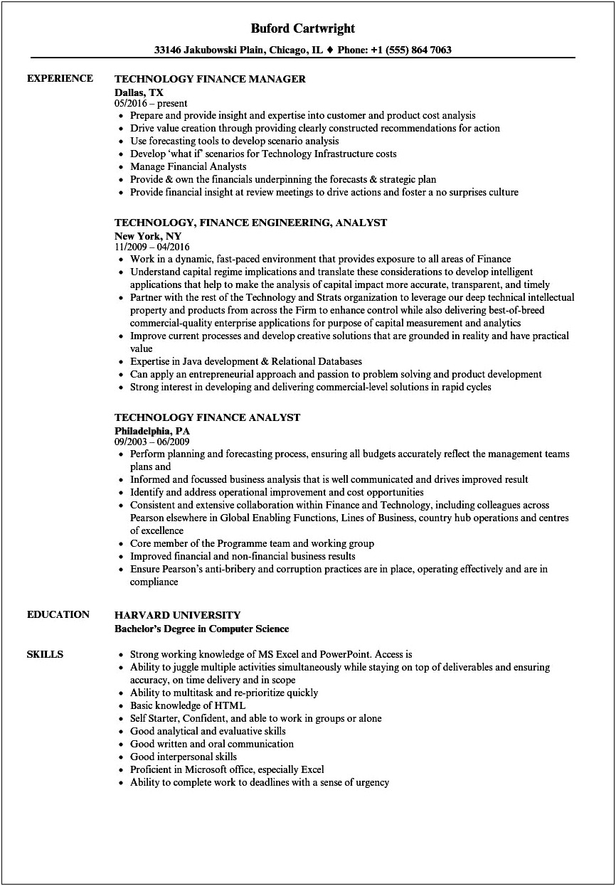 Financial Tech Job Description For Resume