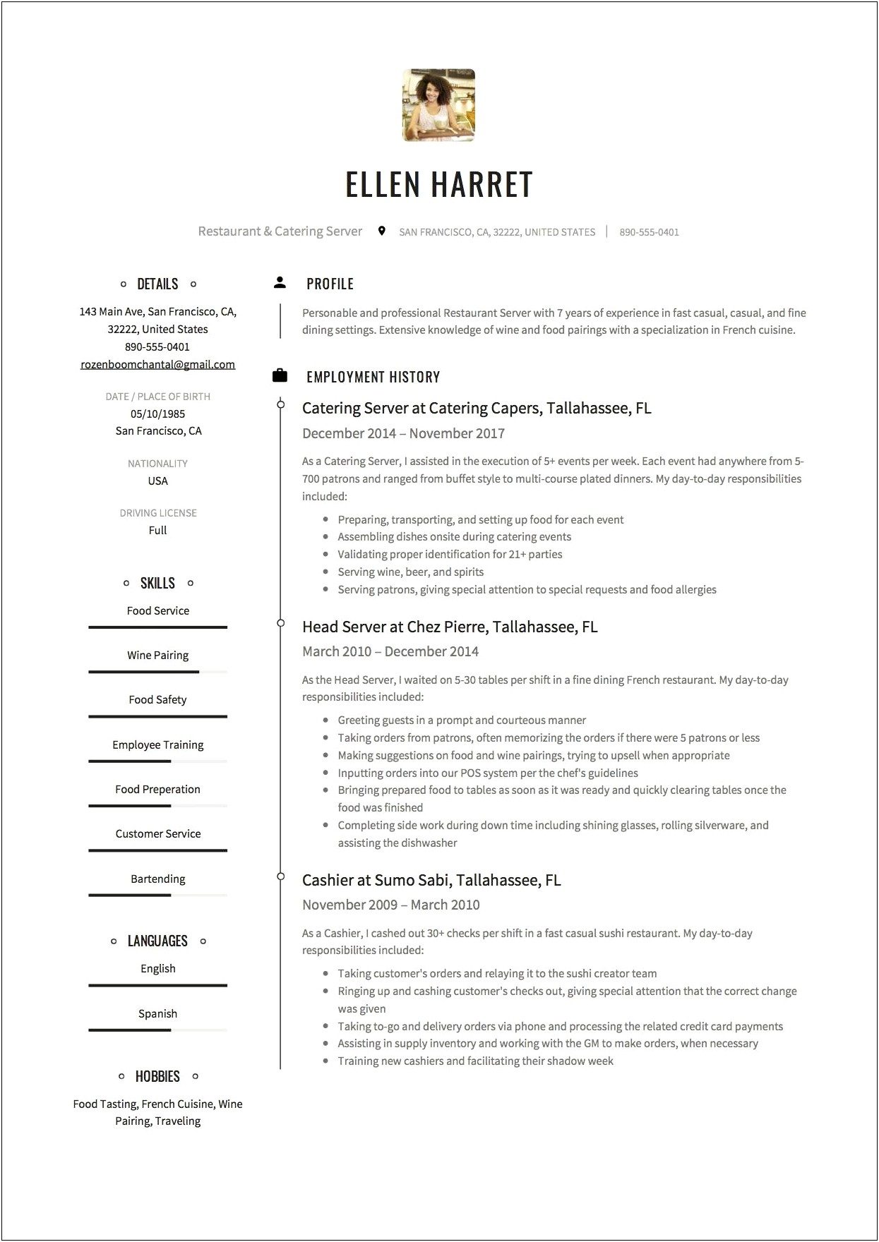 Fine Dining Catering Server Resume Examples