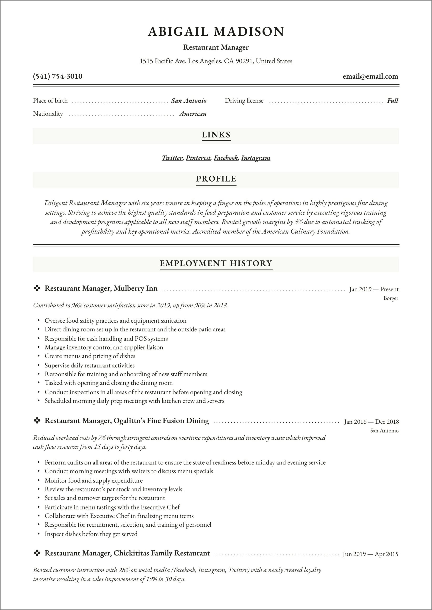 Fine Dining Restaurant Skills For Resume